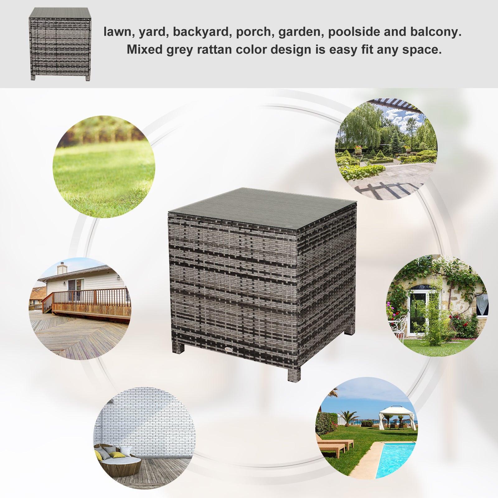 Kozy Square PE Rattan Garden Table, with Glass Table Top - Grey