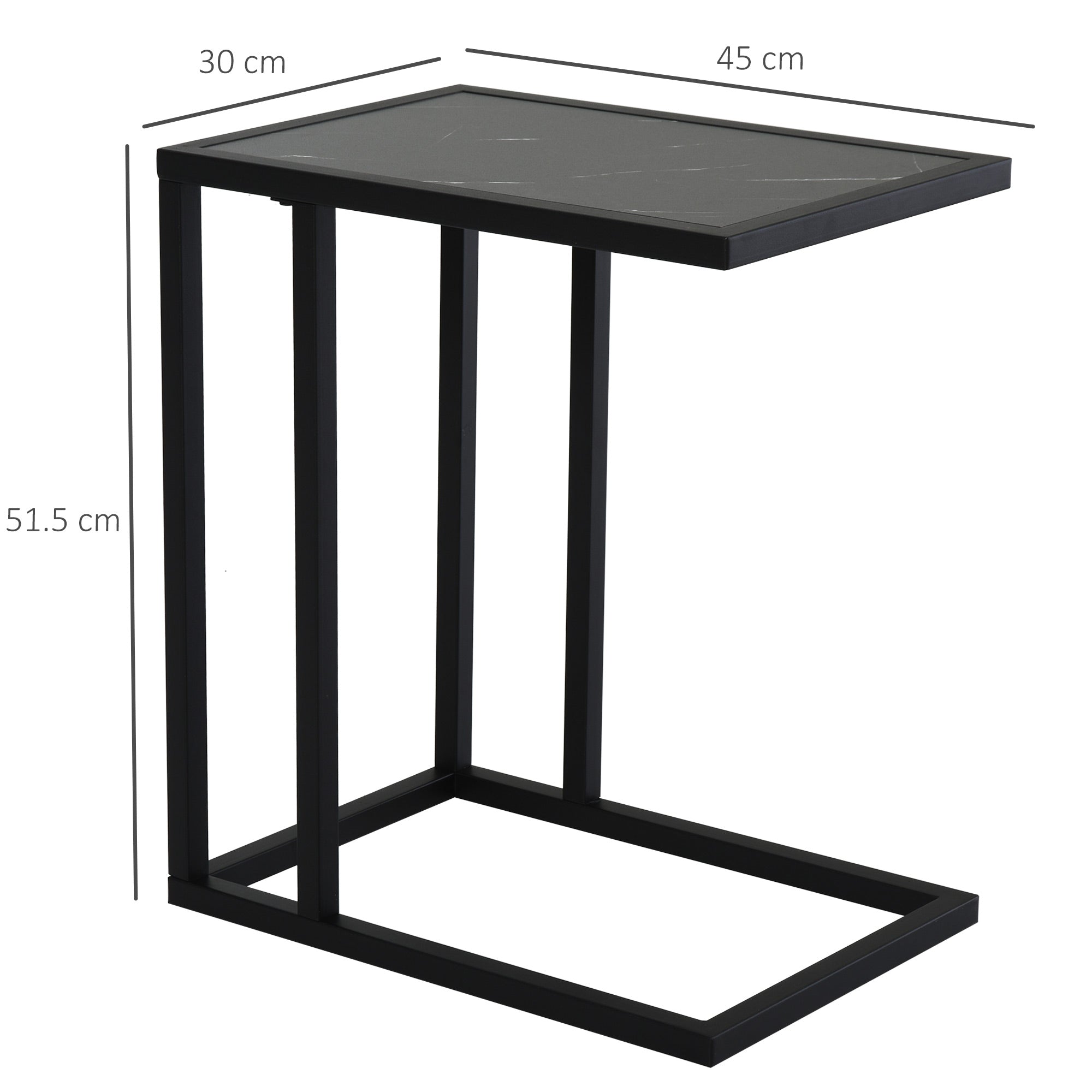 Kozy C Shape Bedside Table w/Metal Frame Marble-Effect Top Sofa Narrow Snack End Table for Living Room, Black