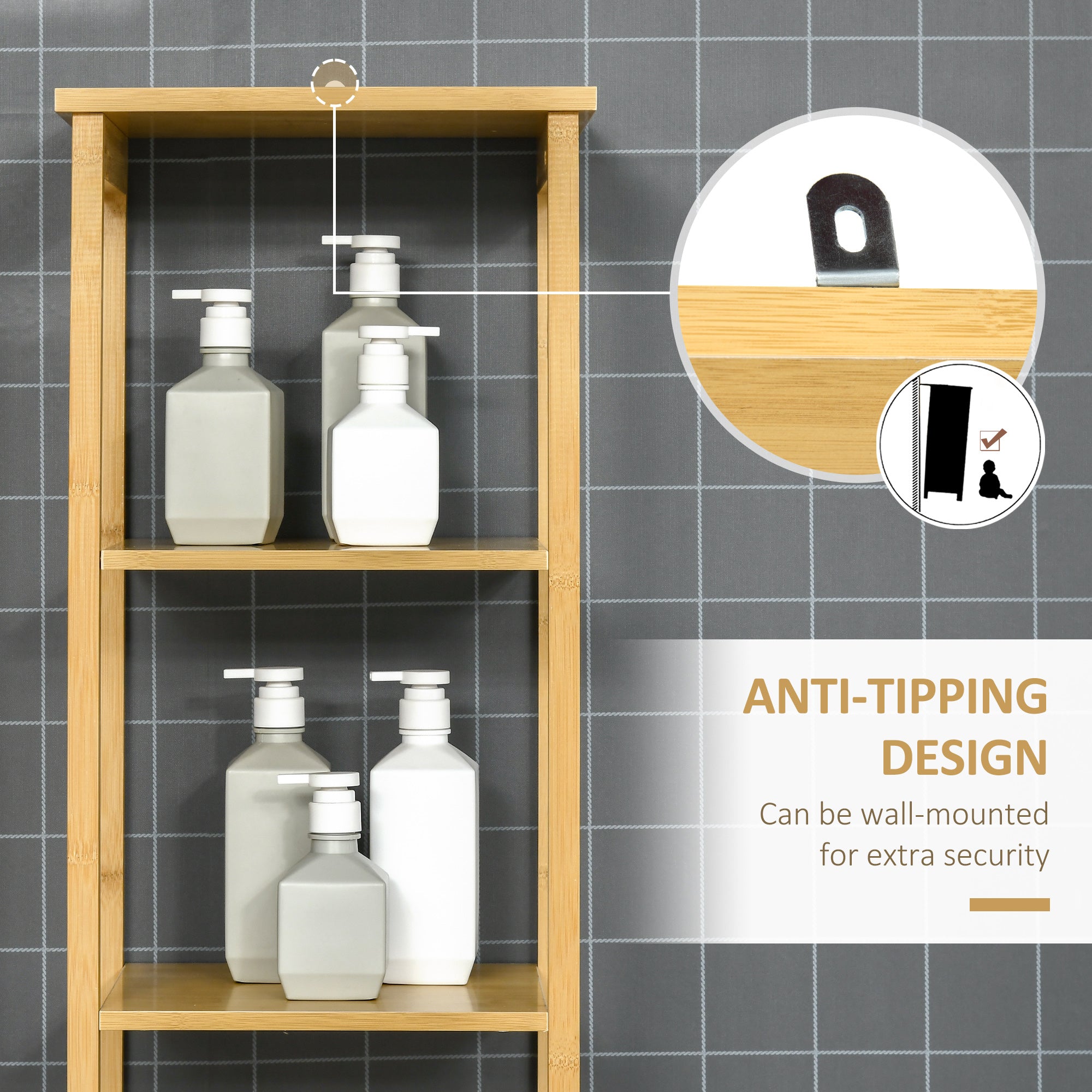 Kozy Tall Bathroom Cabinet, Slim Storage Cabinet, Tallboy Bamboo Storage Unit with 3-Tier Storage Shelves and Freestanding Organiser, Natural