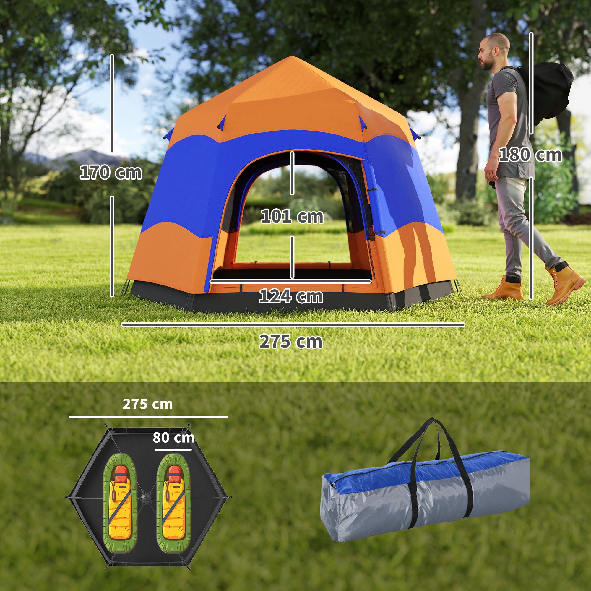 Kozy Six Man Hexagon Camping Tent with Hang Hook and Carry Bag - Orange and Blue