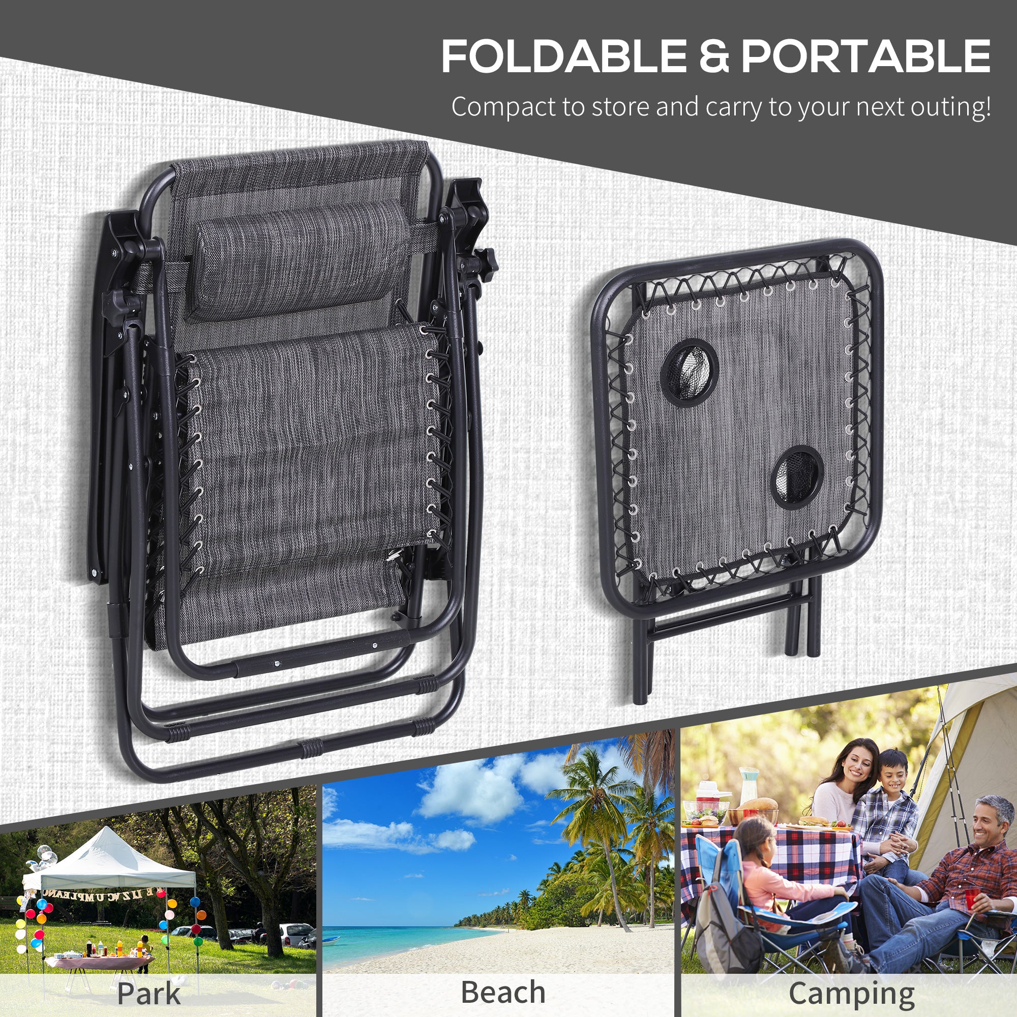 Kozy 3pcs Folding Zero Gravity Chairs Sun Lounger Table Set w/ Cup Holders Reclining Garden Yard Pool, Light Grey