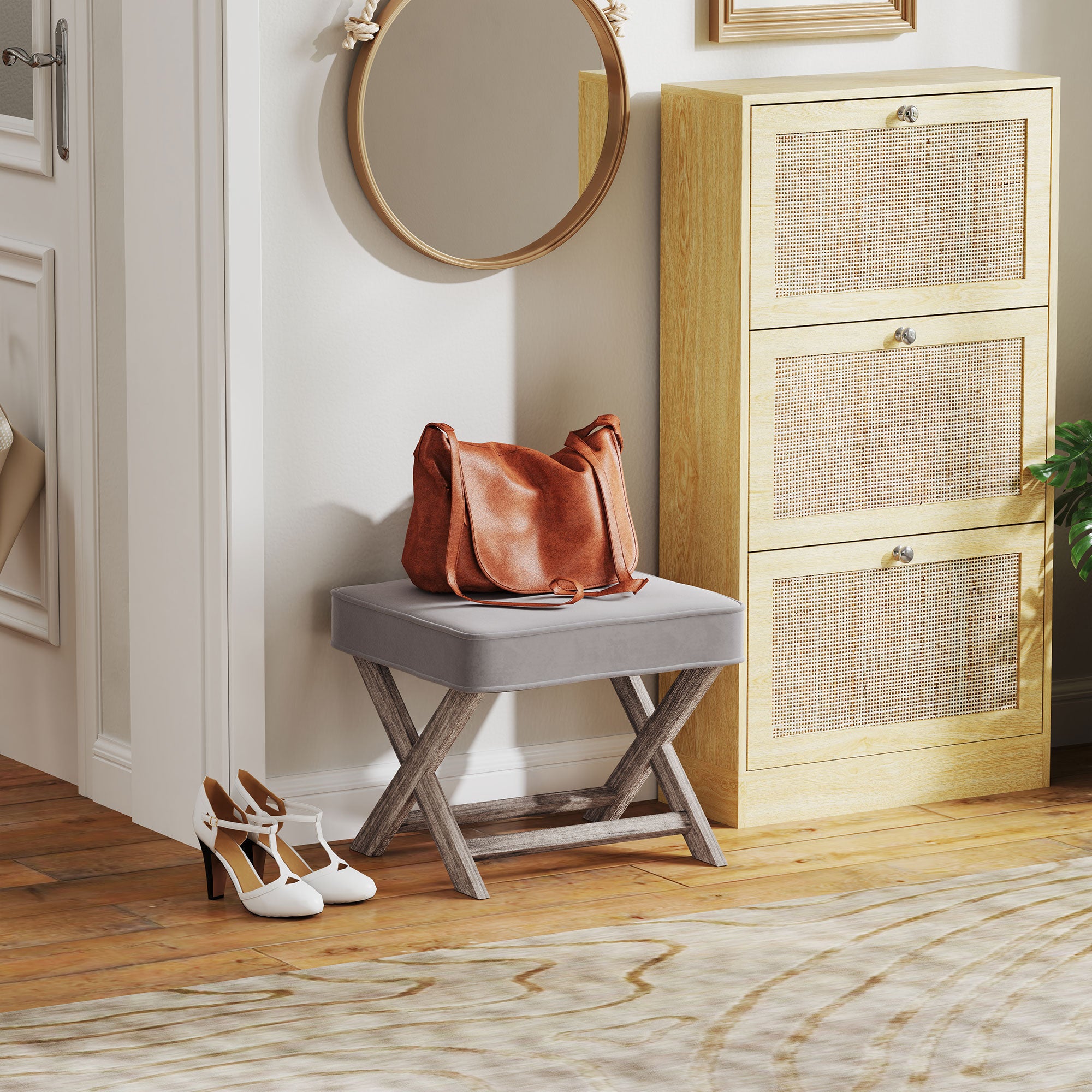 Kozy Vintage Footstool Padded Seat X Leg Chair Velvet Cover Shabby Chic Footrest Solid Rubber Wood Frame 49.5 x 45 x 41 cm Grey