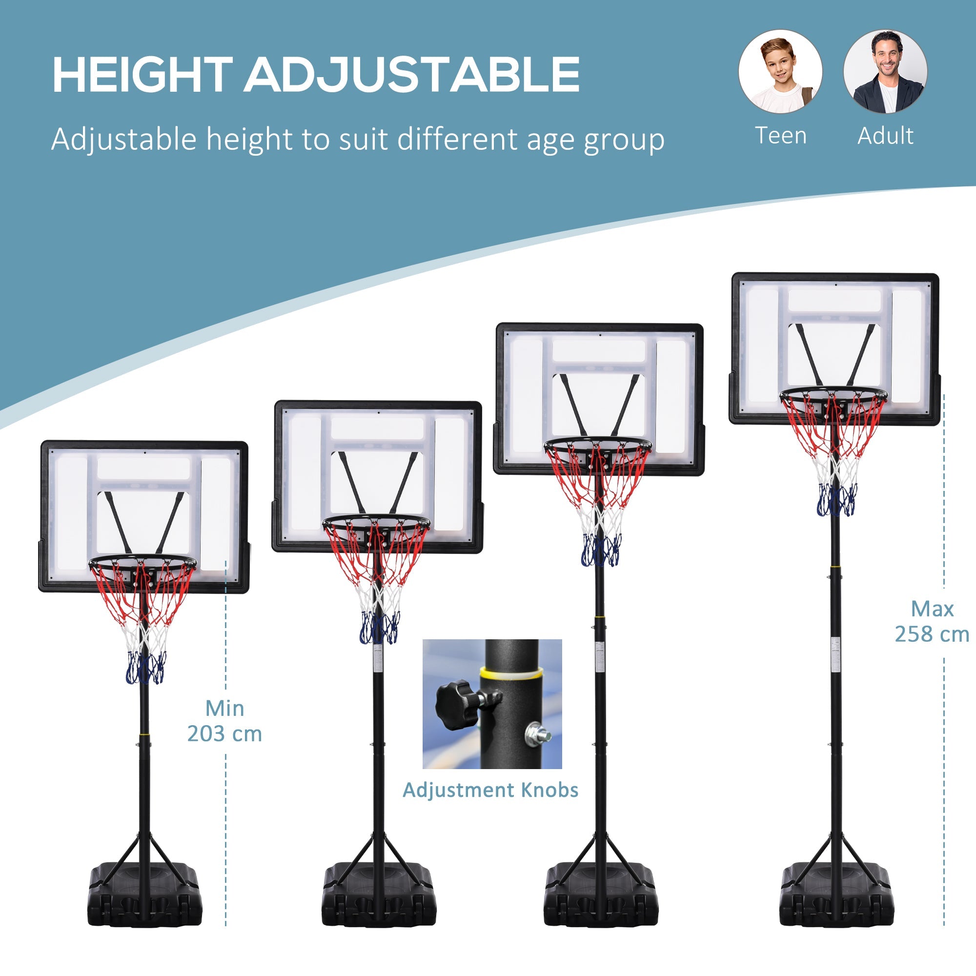 HOMCOM Height Adjustable Basketball Hoop and Stand, Free Standing Basketball Hoop System with Fillable Base and Wheels, for Teens Junior  | Aosom UK