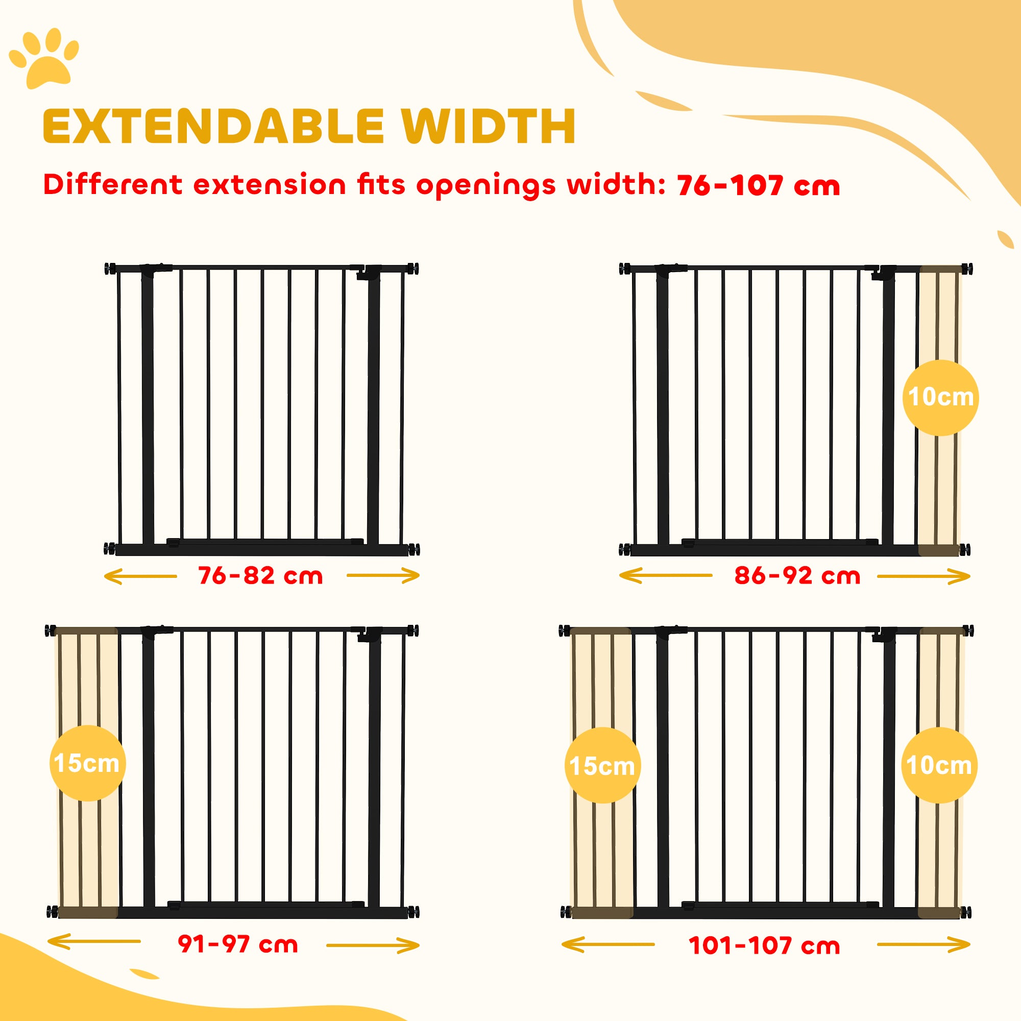 Kozy Dog Gate Pet Safety Gate Stair Barrier Pressure Fit Adjustable 76-82/86-97/101-107 cm, Black