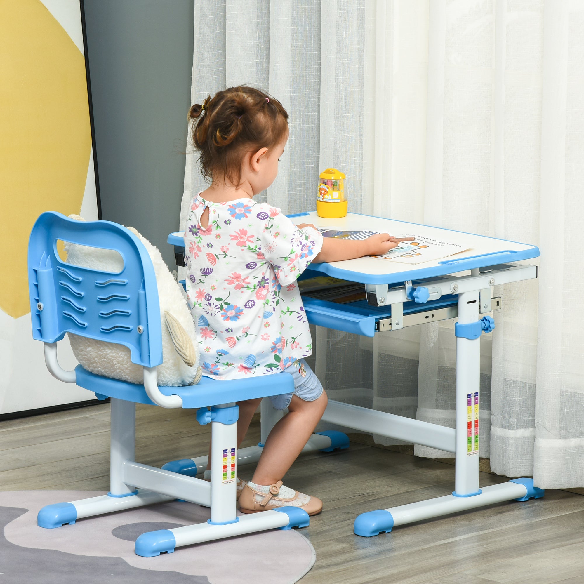 Kozy Kids Desk and Chair Set, Height Adjustable Student Writing Desk, Children School Study Table with Tiltable Desktop, Drawer, Pen Slot, Hook - Blue