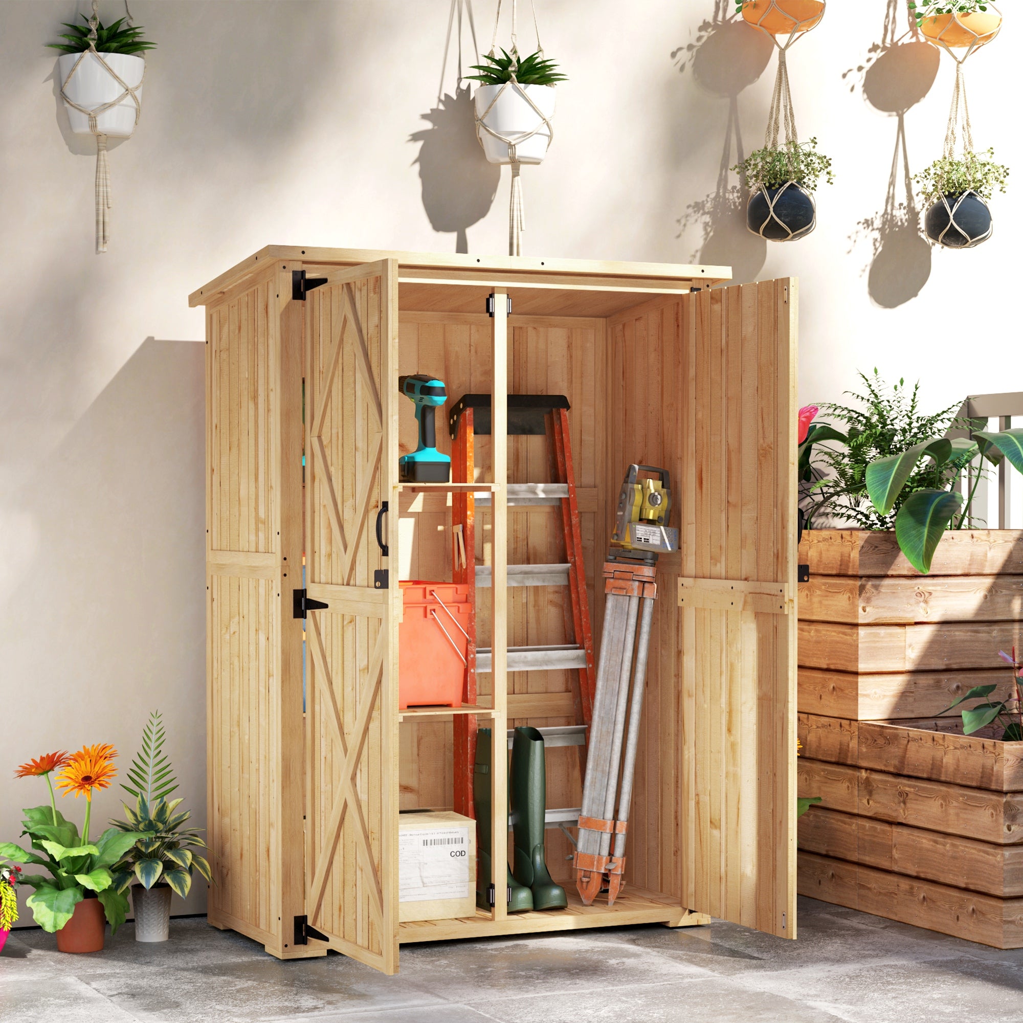 Kozy - Wooden Garden Storage Shed, Tool Storage Cabinet with Asphalt Roof and 2 Shelves for Garden Tools, Equipment, Outdoor Tool Shed with Double Doors, Natural