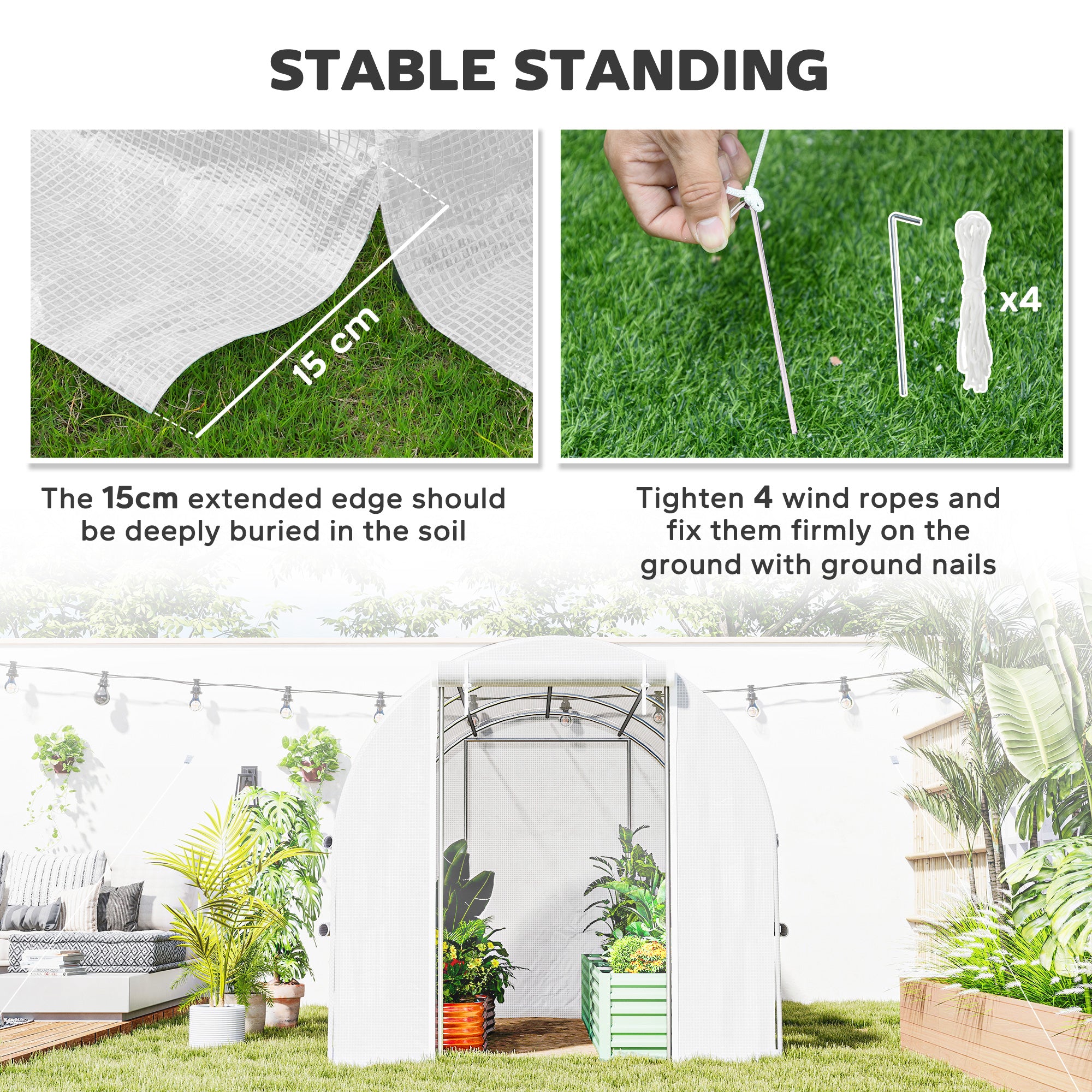 Kozy Walk-in Polytunnel Greenhouse Green House with Roll-up Sidewalls, UV-resistant PE Cover, 3 x 2 x 2m, White