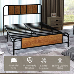 4.8ft Double Bed Frame with Industrial Wood Headboard, Steel Slat Support and 25.5cm Underbed Storage Space, 145 x 197cm, Rustic Brown