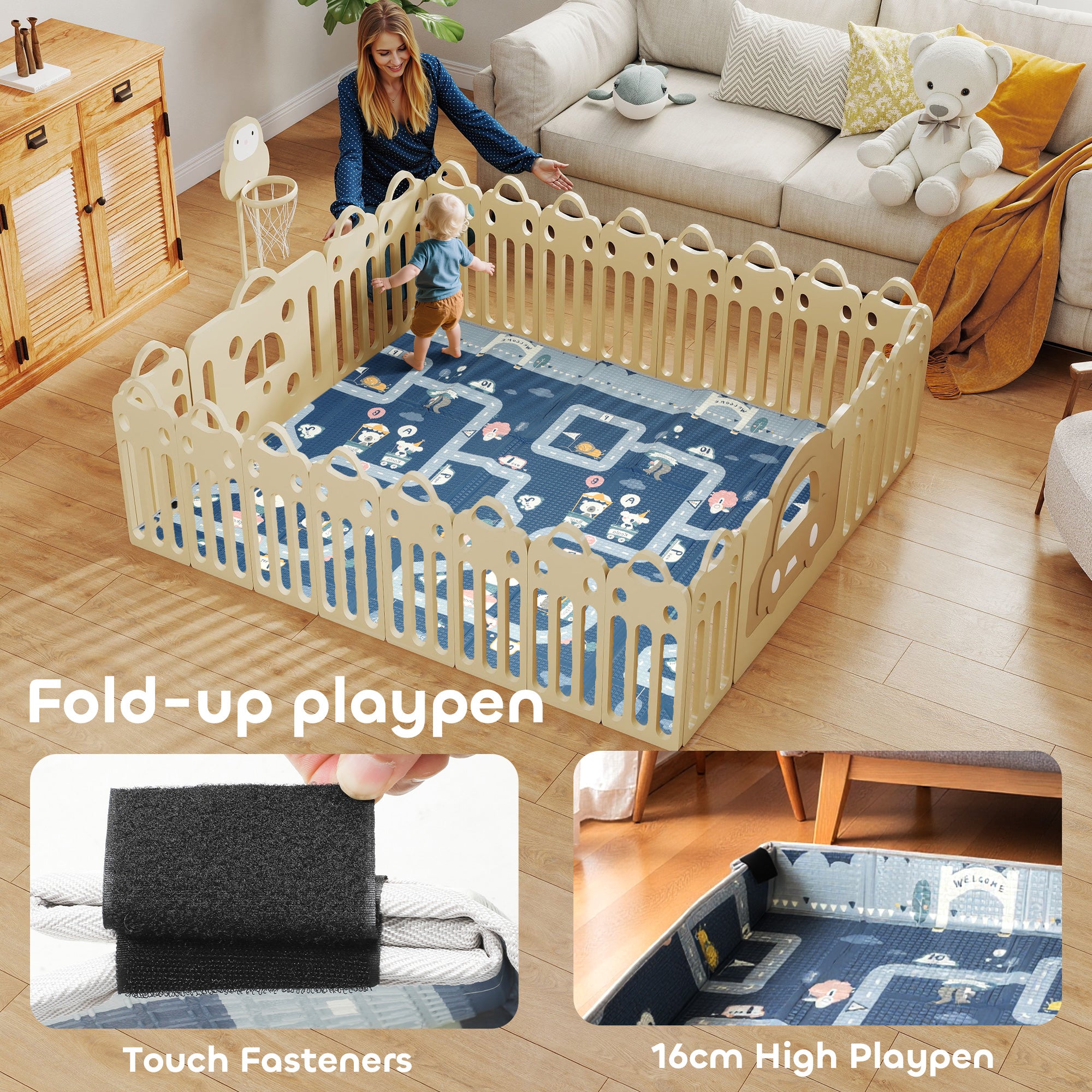 Kozy Foldable Baby Play Mat, Baby Playpen, Reversible Foam Playmat, Floor Mats for Toddlers, Traffic and Grey Diamond Theme