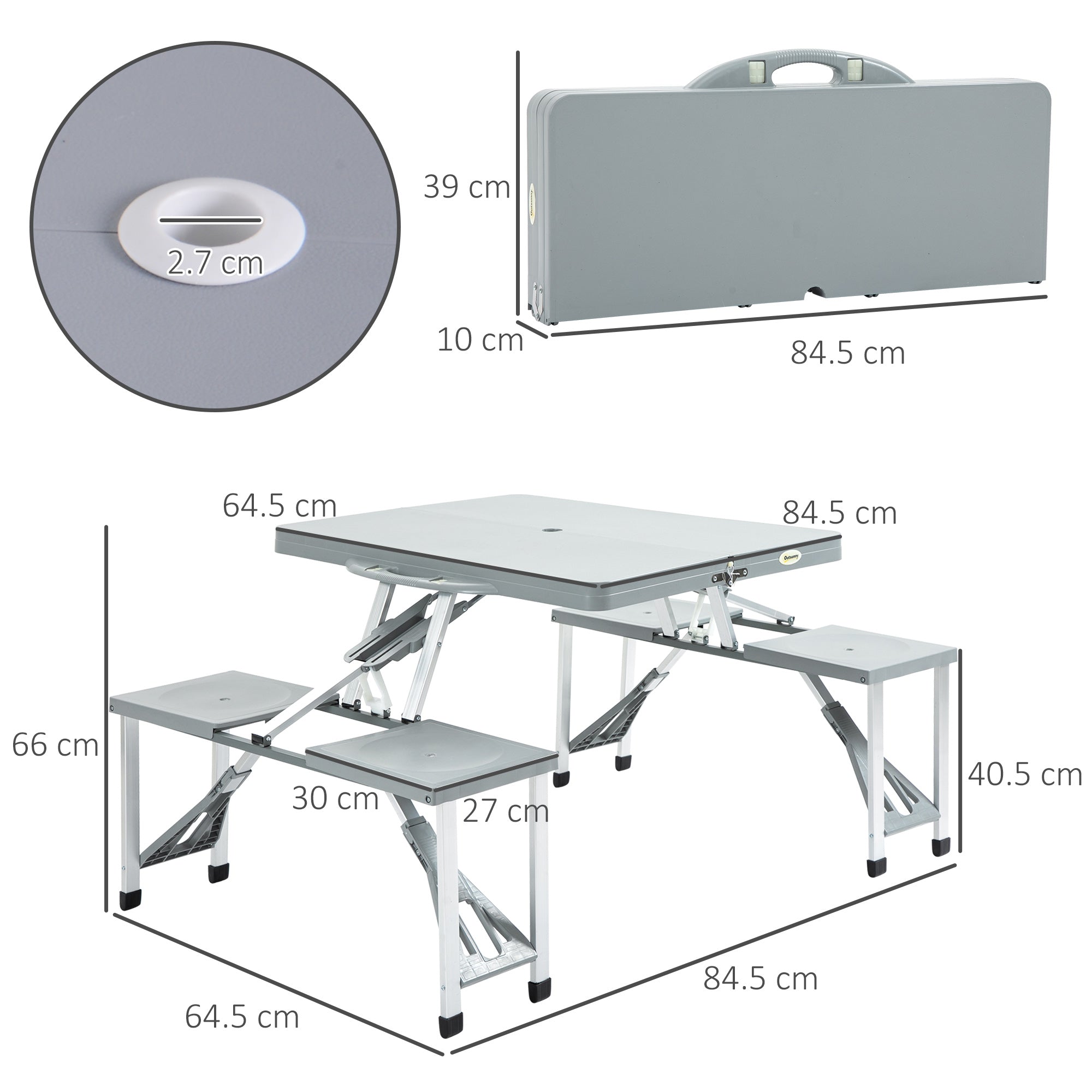 Outsunny Portable Camping Picnic Table, Foldable with Seats, Chairs and Umbrella Hole, 4