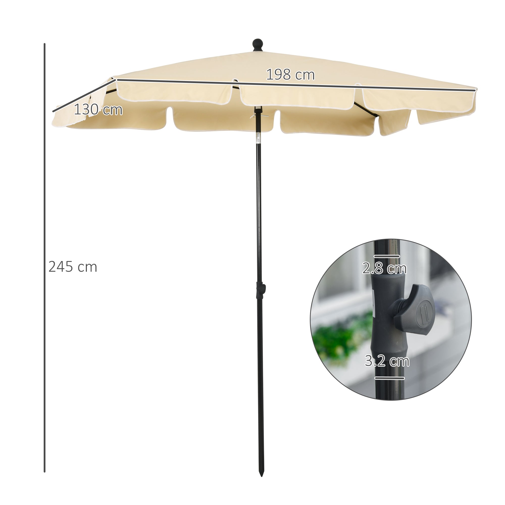 Kozy Garden Parasol Umbrella, Outdoor Market Table Umbrella with Ruffles & Aluminium Pole, Rectangular Tilting Parasol Sun Shade Canopy, 2 x 1.3m, Beige
