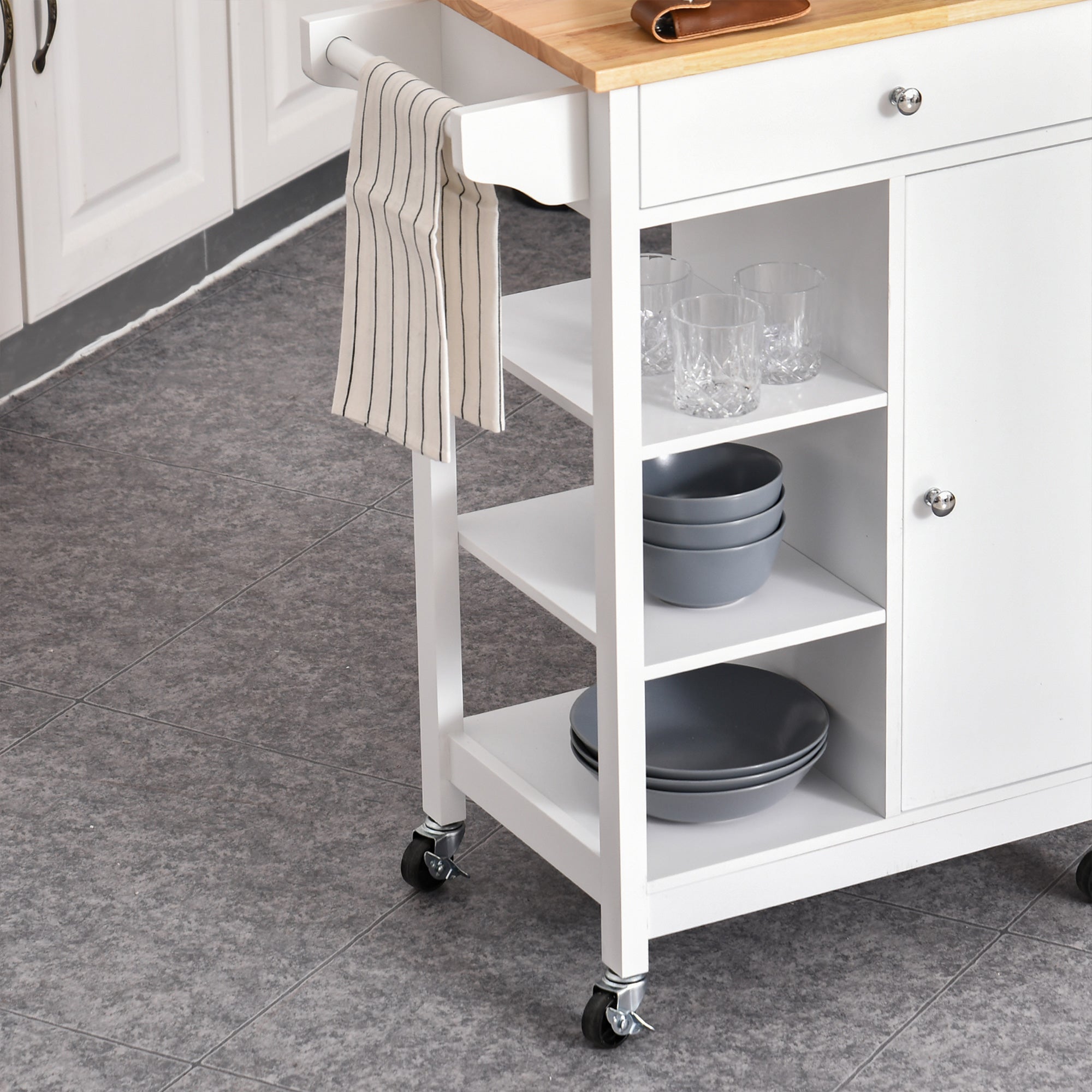 HOMCOM Kitchen Storage Trolley Unit w/ Wood Top 3 Shelves Cupboard Drawer Rail 4 Wheels Handles Moving Shelf Handy Spacesaver White