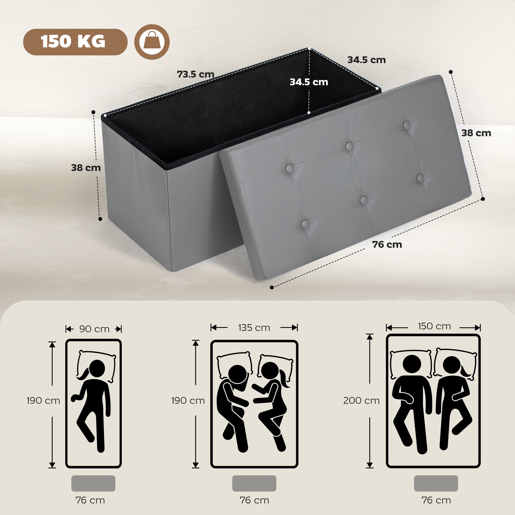 Kozy Storage Ottoman Bench, 89L PU Leather Folding Foot Rest Stool, End of Bed Bench, Easy Assembly, for Living Room, Bedroom, Entryway, Grey