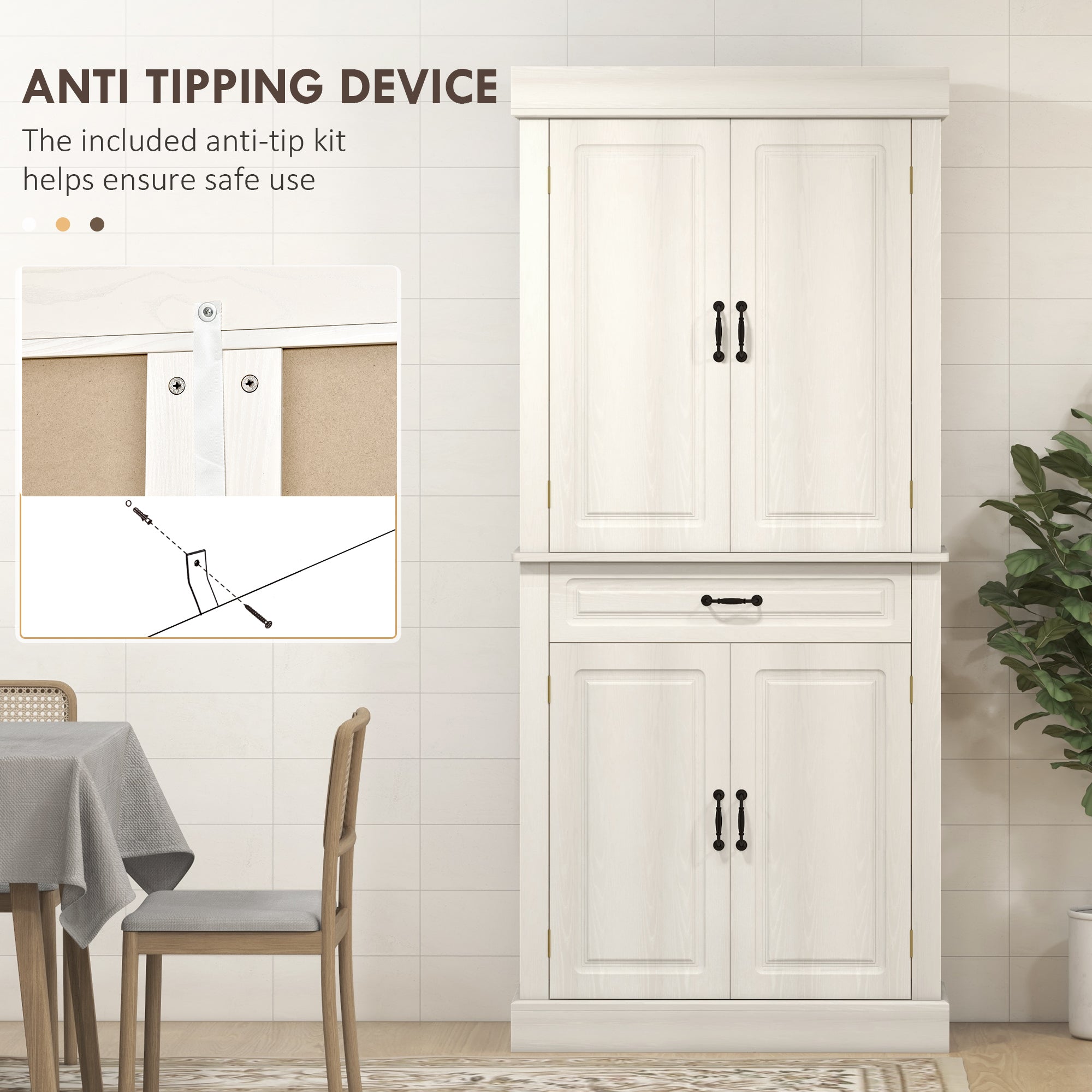 Kozy Kitchen Cupboard with 4 Doors, Freestanding Storage Cabinet with Wide Drawer and Shelves for Living Room, 180cm, White Wood Grain