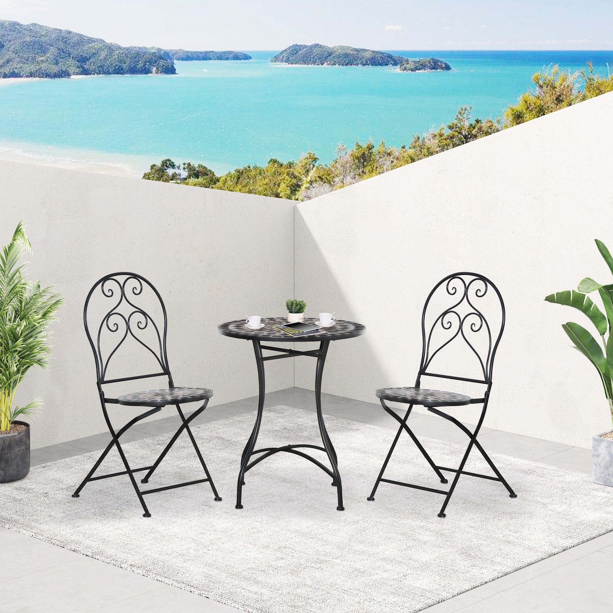 Kozy 3 Pieces Garden Bistro Set with Coffee Table and 2 Folding Single Chairs, Mosaic Garden Table Top and Seats, Metal Frame, for Patio Balcony, Black