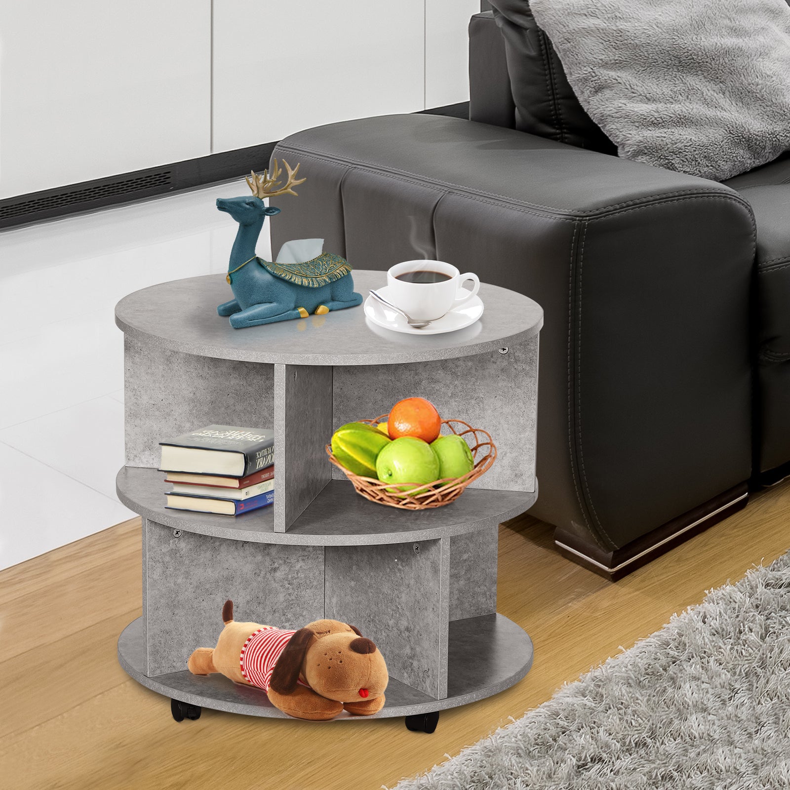 Kozy Round Coffee Table with Wheels, 3-Tier Rolling Side Table for Living Room with Divided Shelves, Cement Colour
