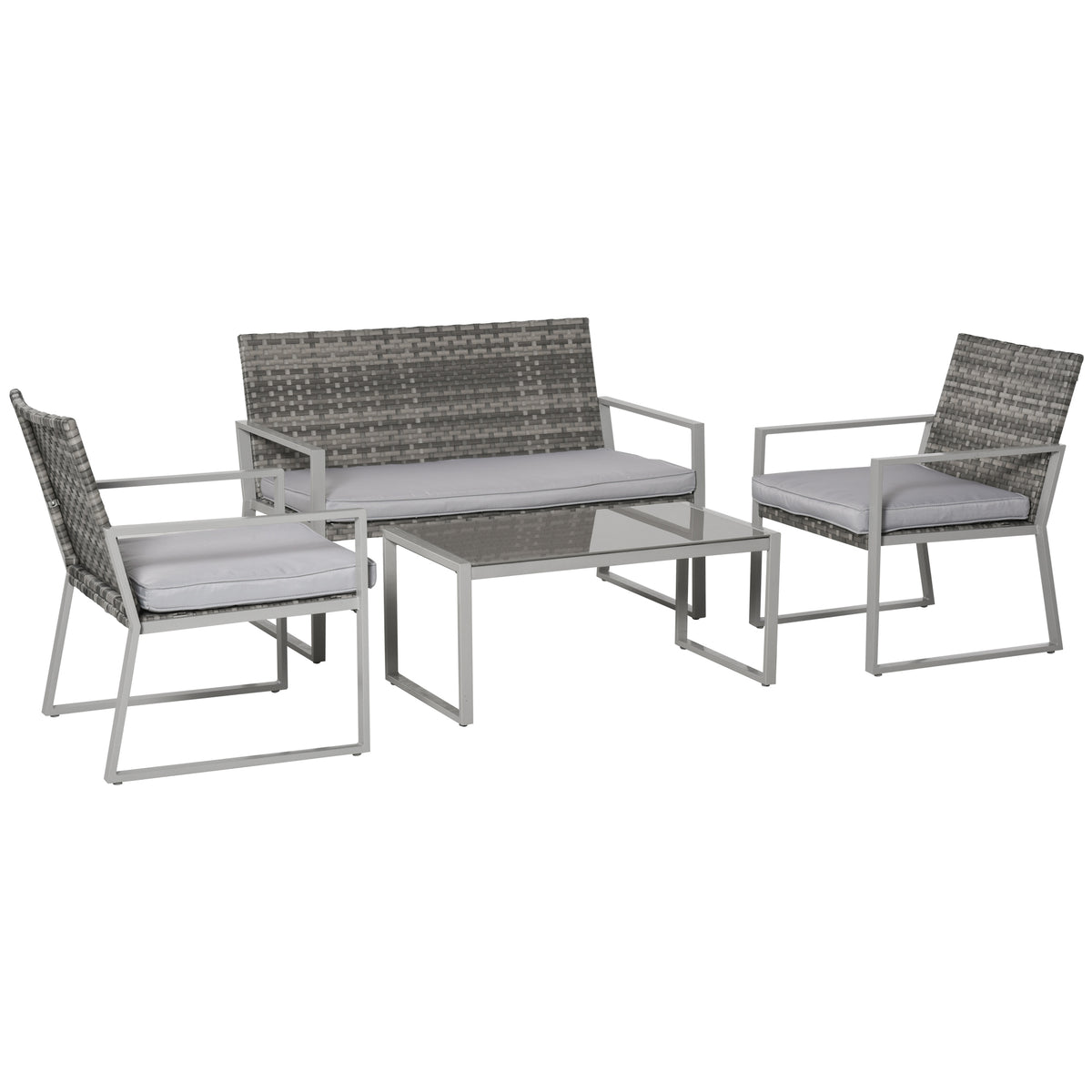 Kozy 4PC Rattan Garden Furniture Set 2 Single Sofa Arm Chairs 1 Bench with Cushions & Coffee Table Patio Backyard Wicker Weave