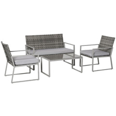 Kozy 4PC Rattan Garden Furniture Set 2 Single Sofa Arm Chairs 1 Bench with Cushions & Coffee Table Patio Backyard Wicker Weave