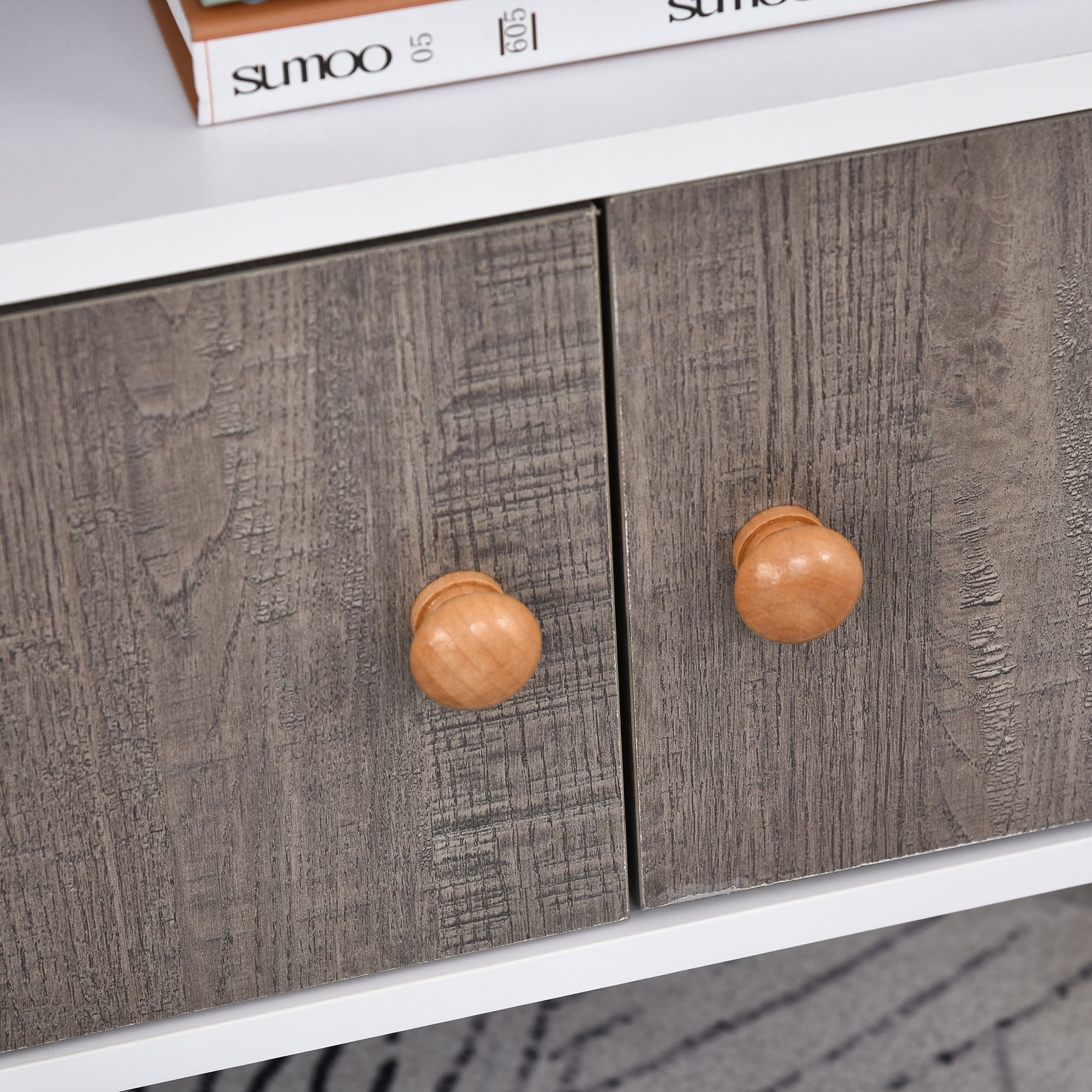 Kozy Bookcase, Freestanding Book Shelf with Storage Cabinet, 6 Shelves and Wood Legs for Home Office Display, White and Grey, 24D x 71.8W x 90.8H cm