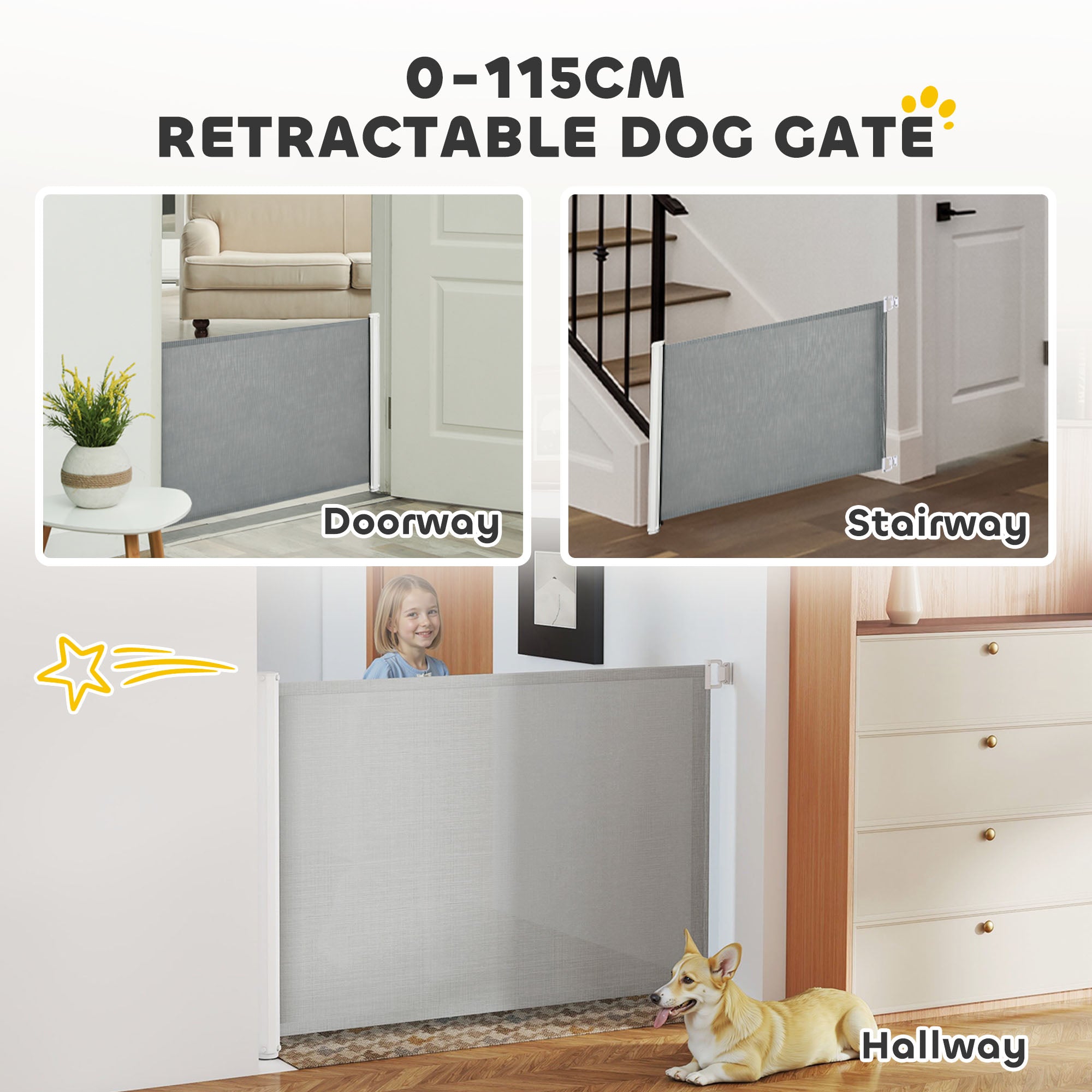 Kozy Retractable Pet Safety Gate, Folding Dog Barrier, Grey
