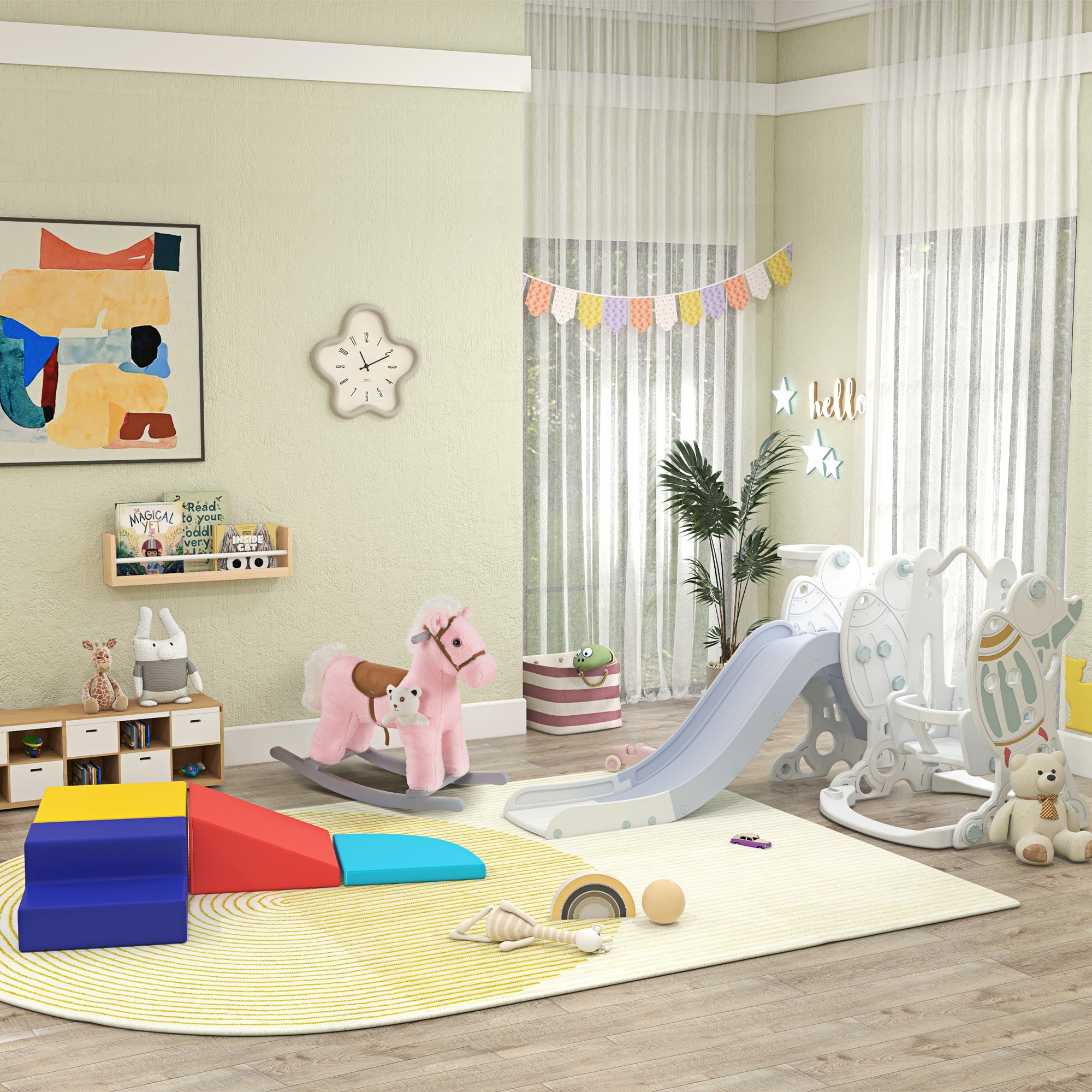 Kozy Kids Plush Ride-On Rocking Horse Toy Rocker with Plush Toy Realistic Sounds for Child 18-36 Months Pink