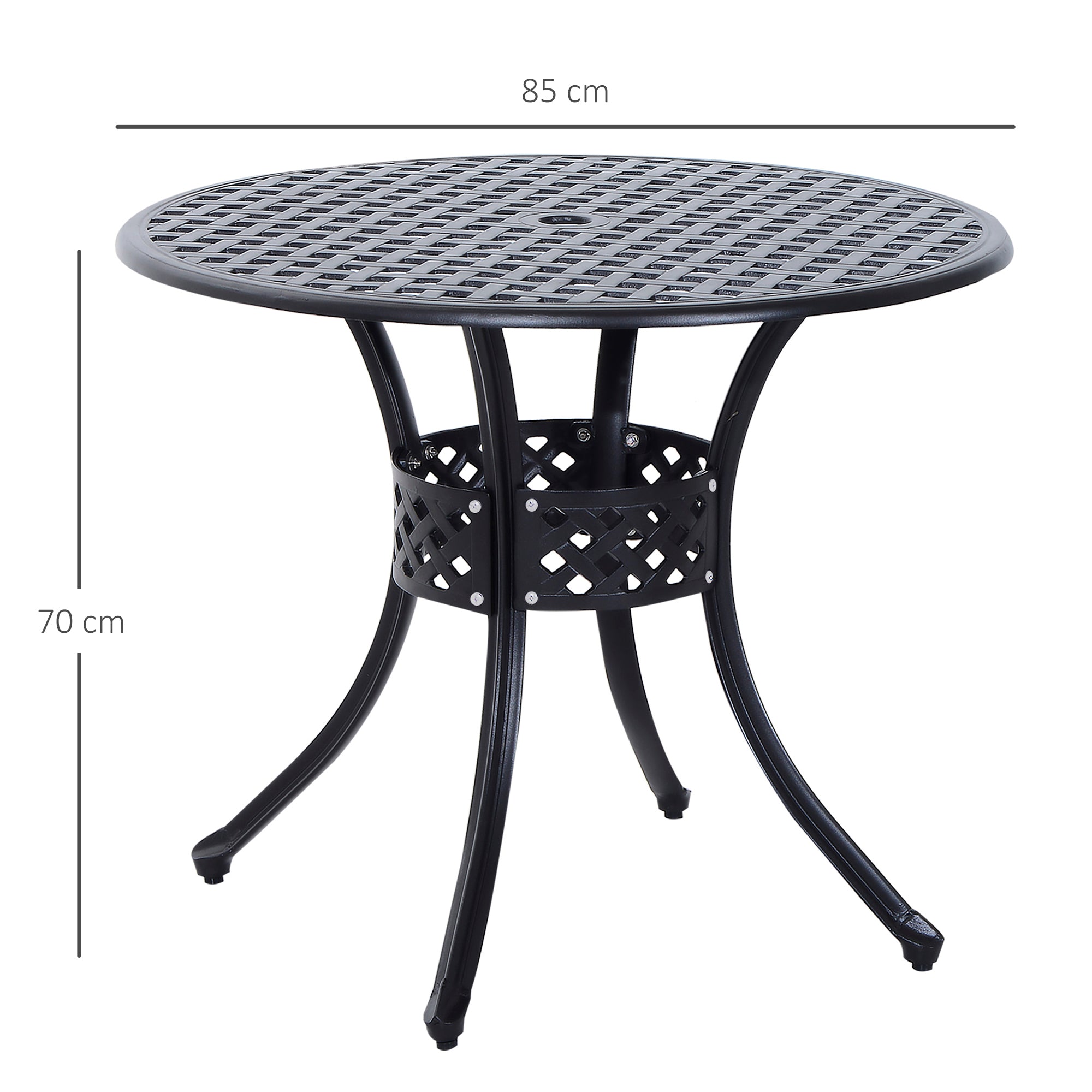 Kozy 85cm Round Garden Table with Umbrella Hole, Aluminium Grid Motif Outdoor Dining Table for Garden Patio, Black