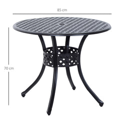 Kozy 85cm Round Garden Table with Umbrella Hole, Aluminium Grid Motif Outdoor Dining Table for Garden Patio, Black