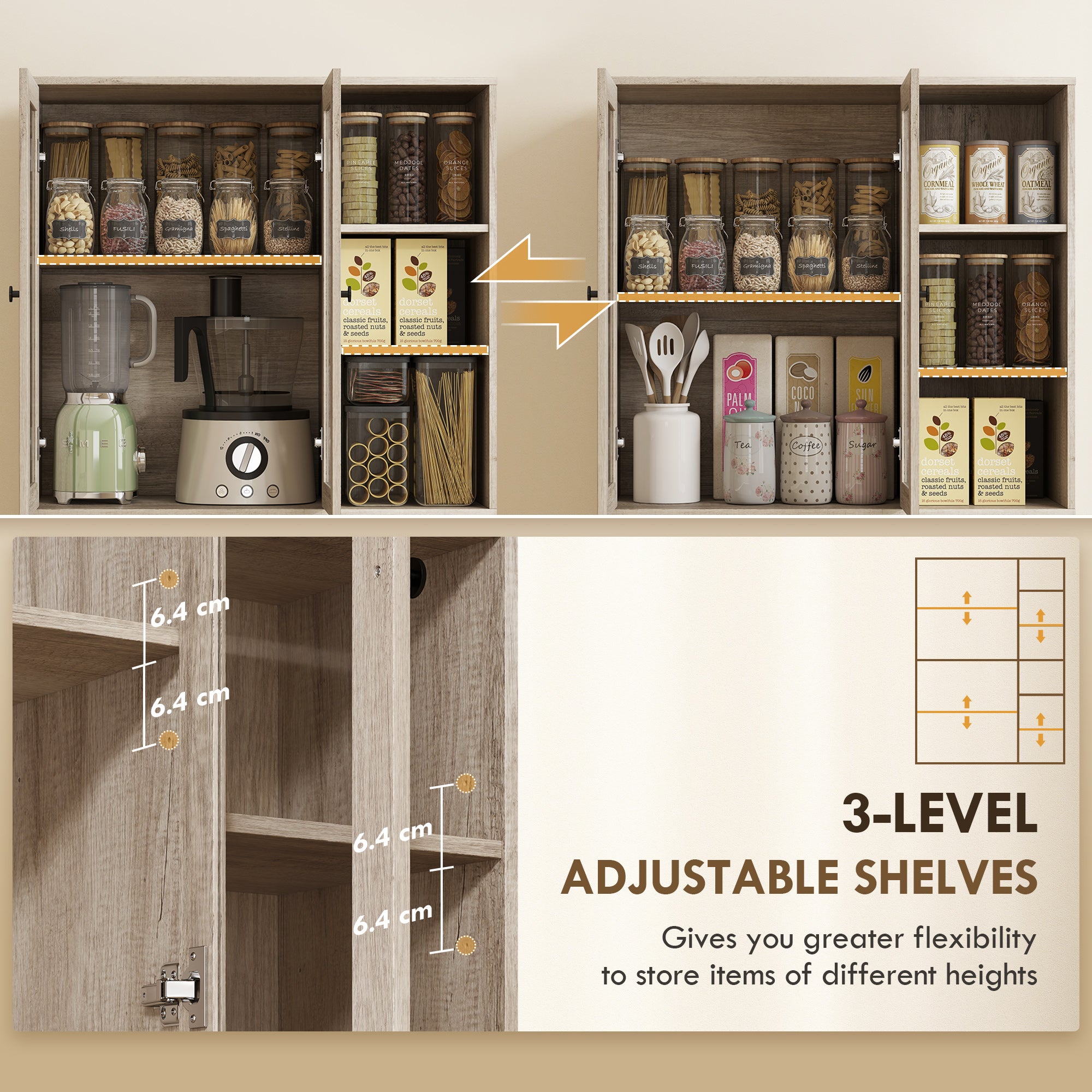 Kozy Multi-Storage Kitchen Cabinet, with Glass Doors - Grey Wood-Effect