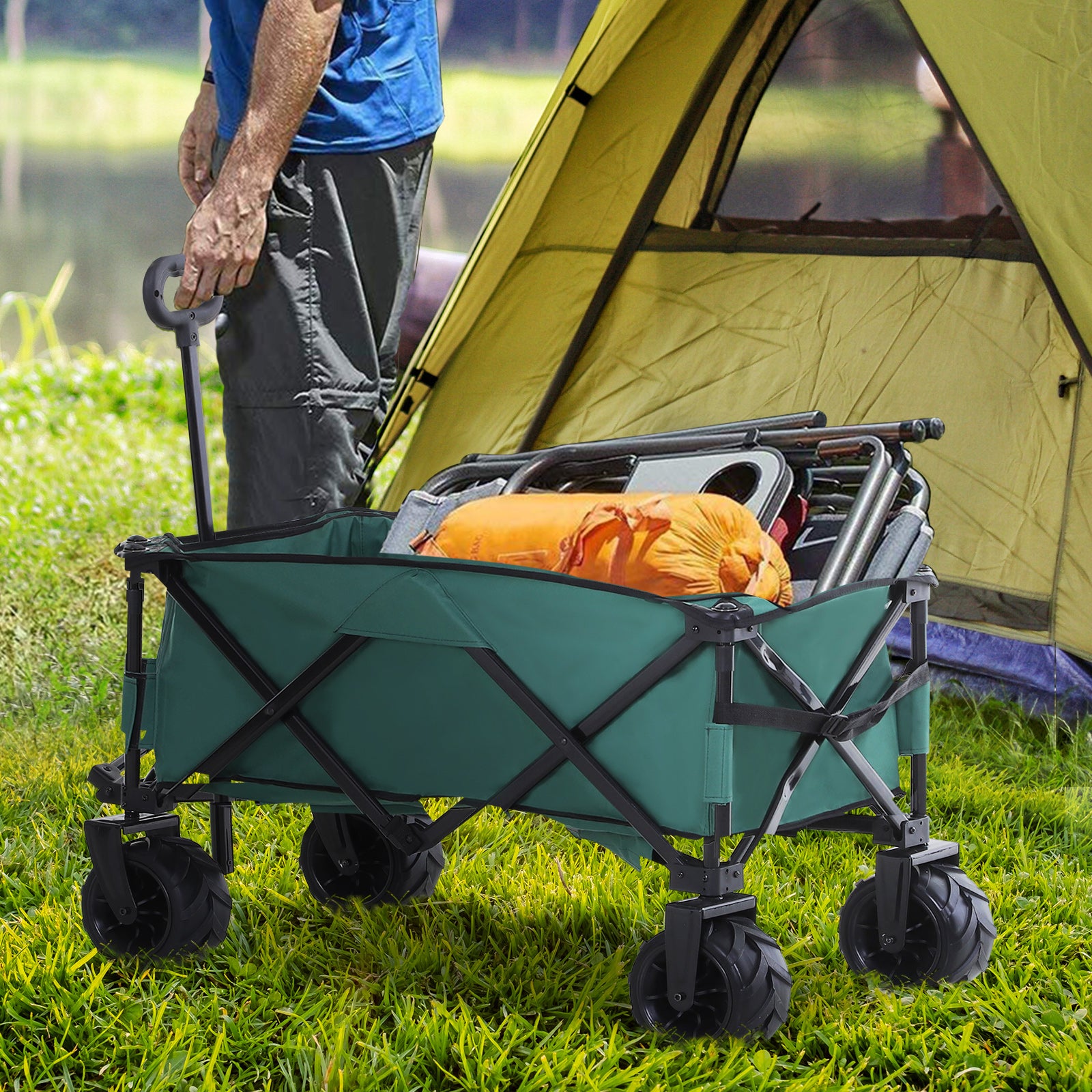 Outsunny Folding Cargo Wagon Trailer, Outdoor Pull Along Cart for Beach Garden with Telescopic Handle, Anti