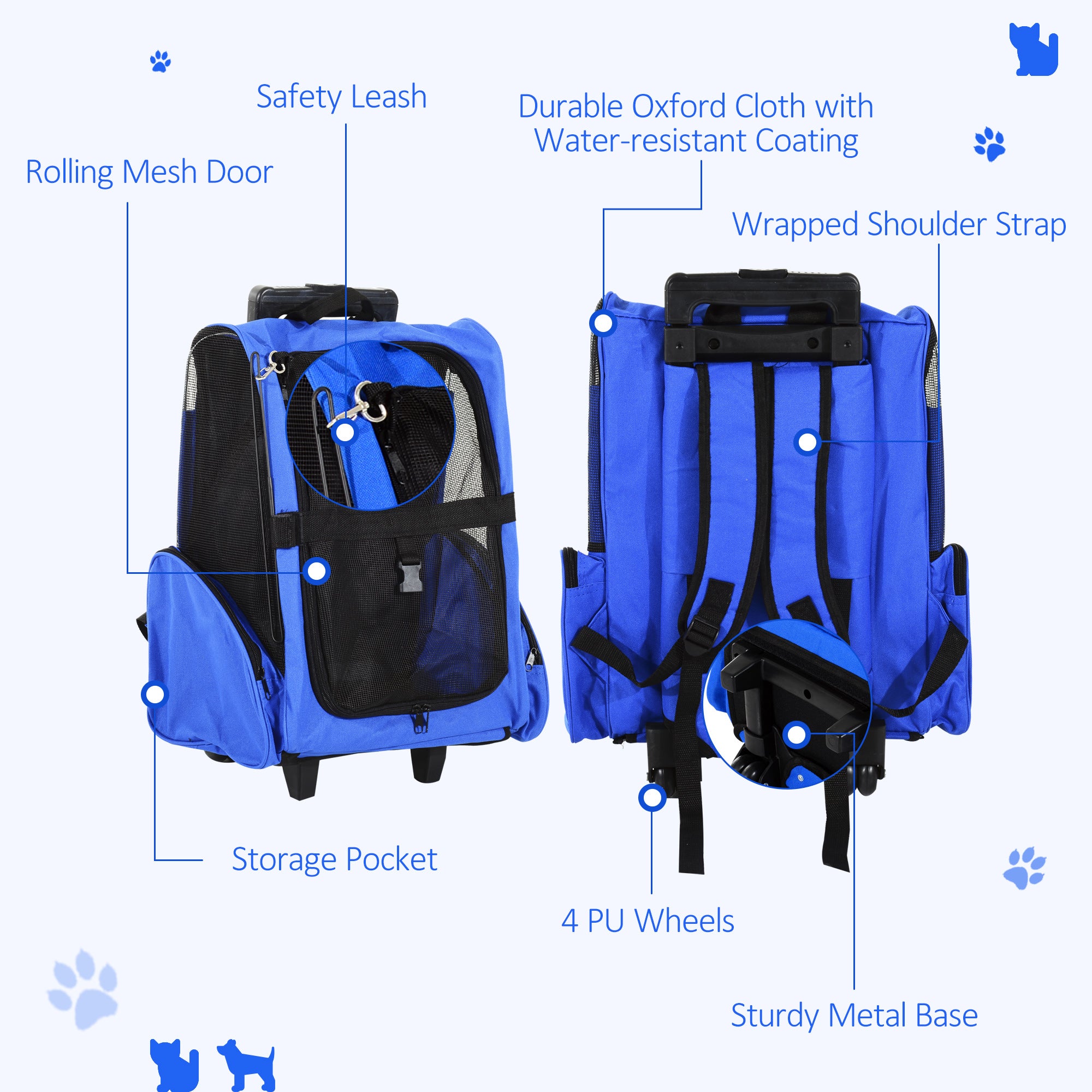 PawHut Portable Pet Carrier Backpack with Trolley, Telescopic Handle, Stroller Wheels for Cats & Dogs, 42 x 25 x 55 cm, Blue