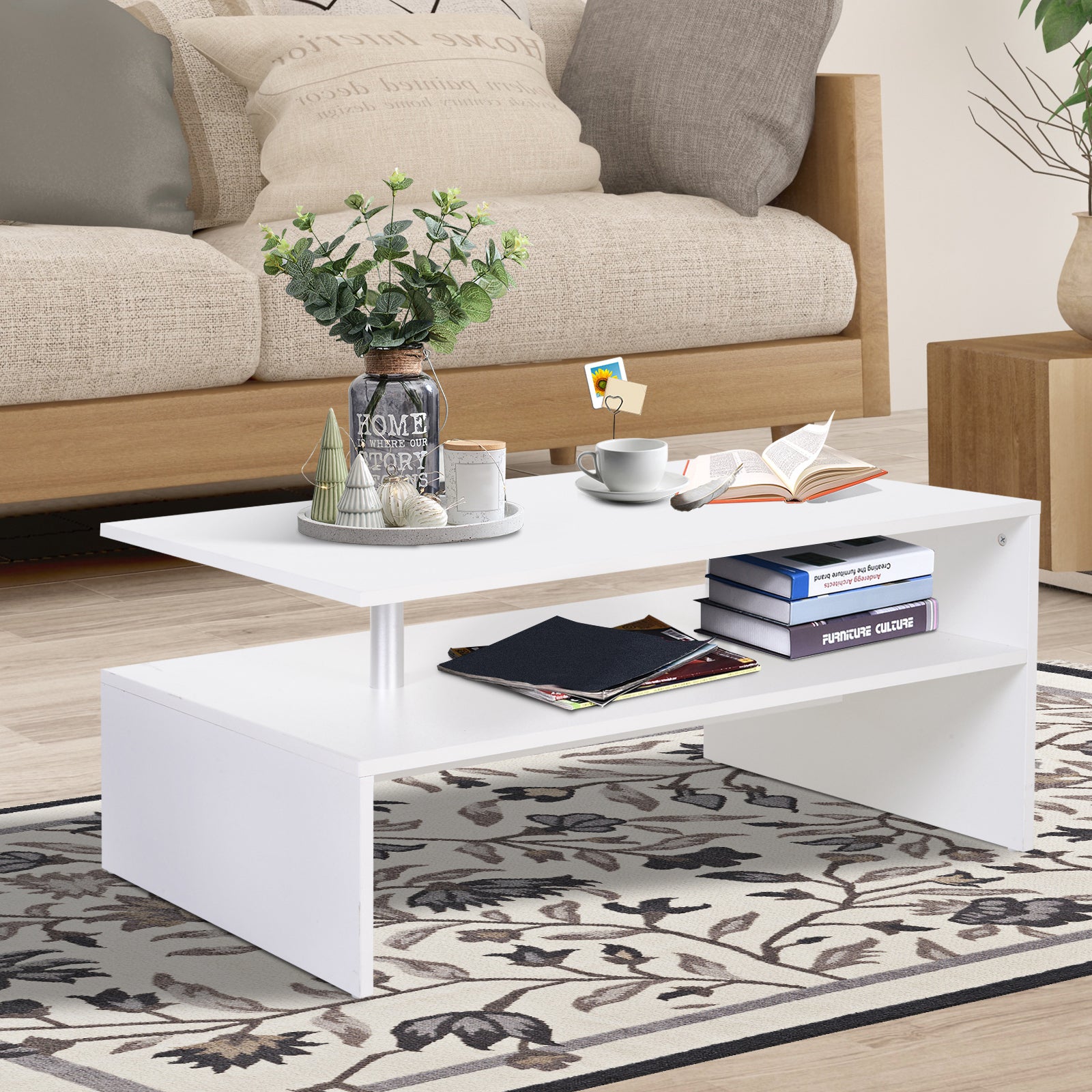 Kozy Coffee Table with Storage, 2-Tier Centre Table, Modern Living Room Table with Open Shelf and Aluminium Poles, White
