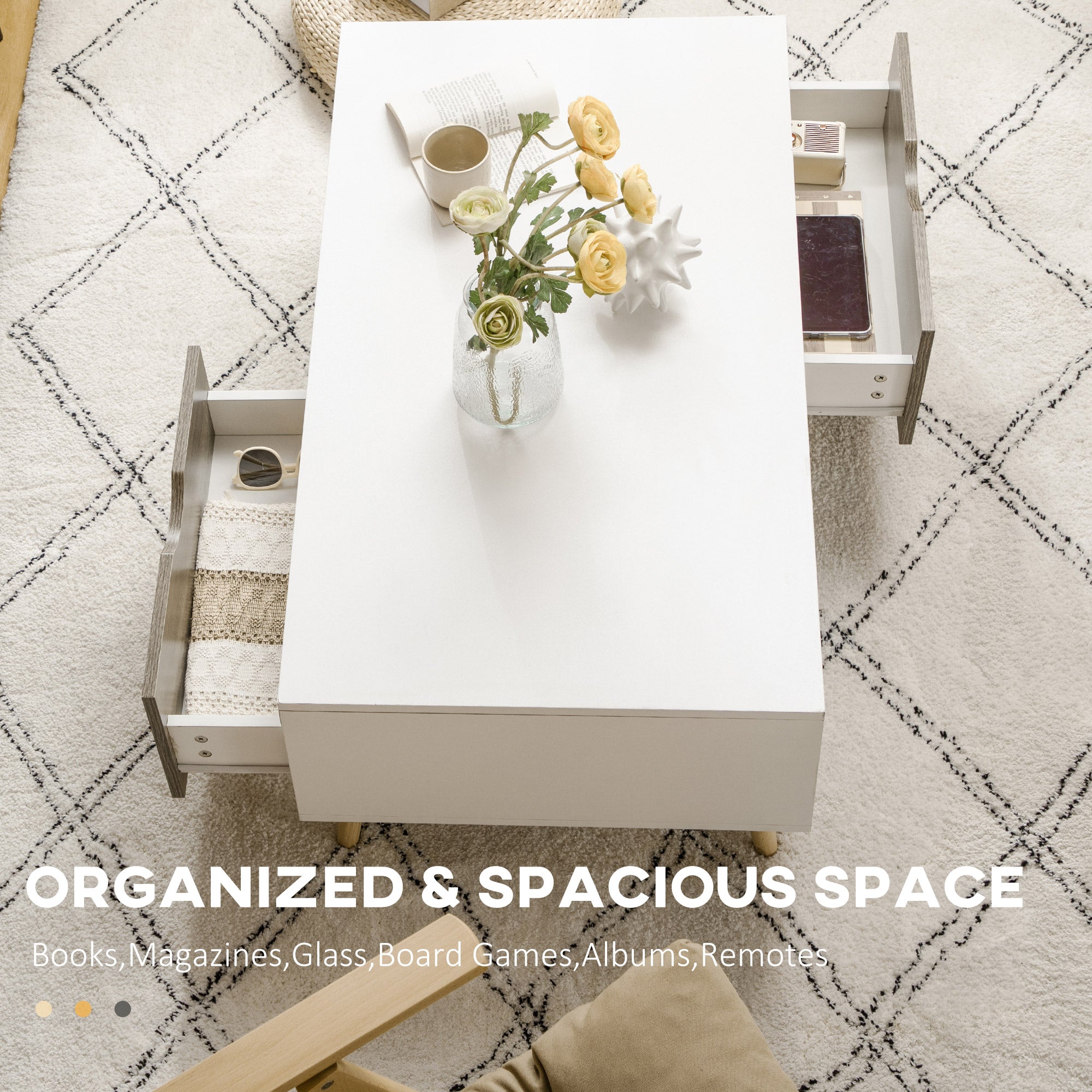 Kozy Coffee Table, Modern Tea Table with Open Storage Shelves, Two Drawers and Solid Wood Legs, Coffee Tables for Living Room, Bed Room, White