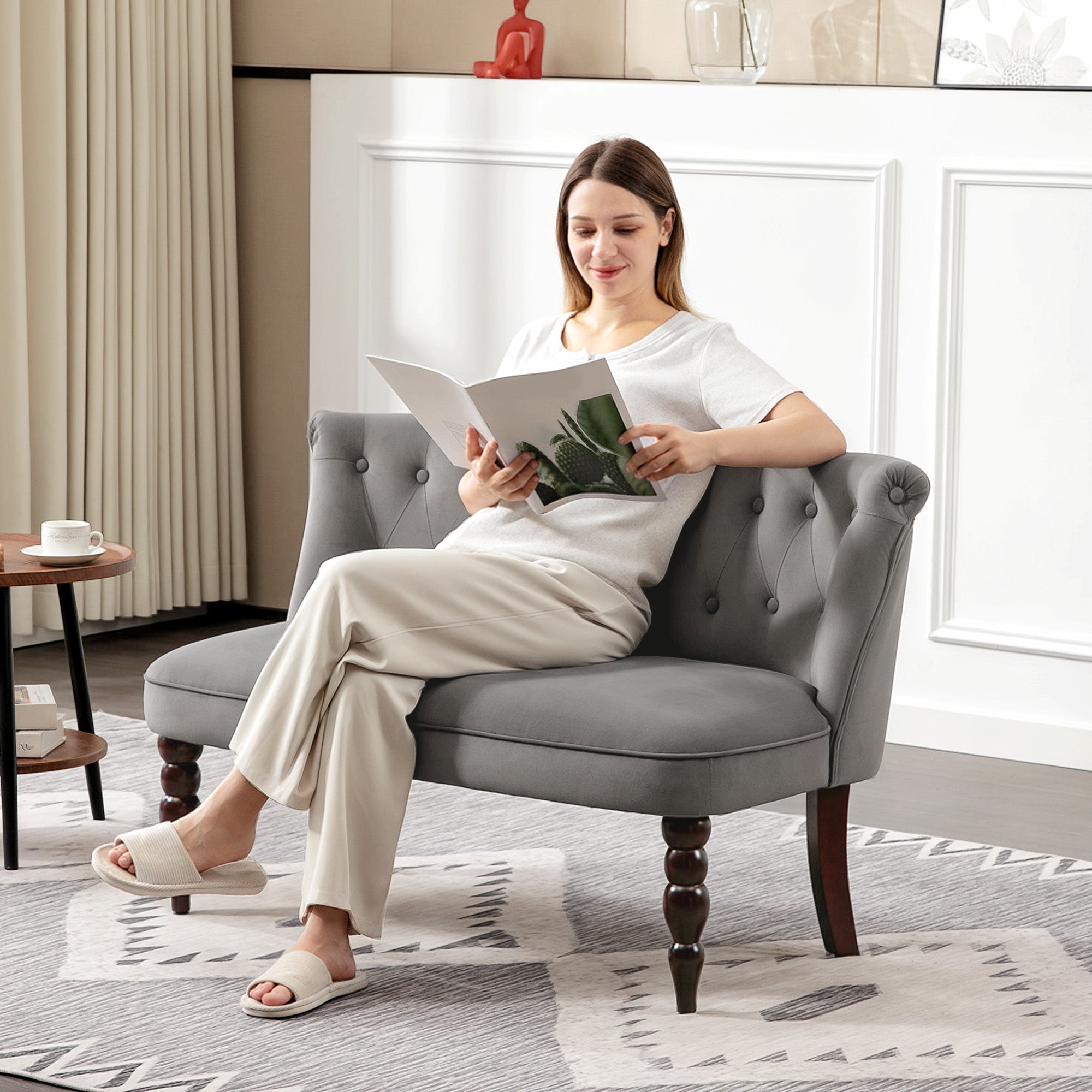 Kozy - Velvet 2 Seater Sofa, Button Tufted Wingback Loveseat with Rubber Wood Legs for Living Room, Bedroom, Charcoal Grey