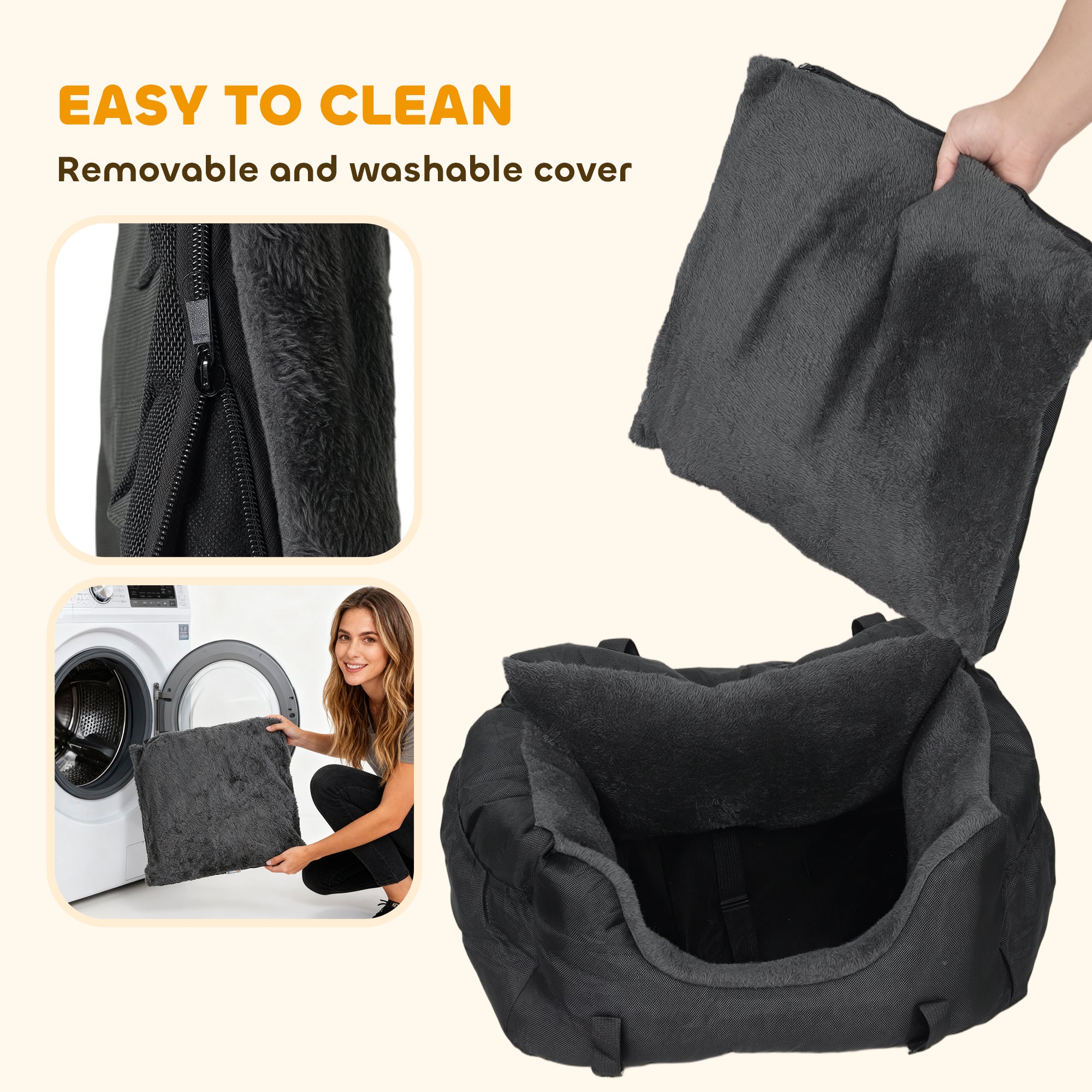 Kozy Dog Car Seat for Small Dogs with Fixed Buckle, Safety Leash, Washable Cover, 58 x 45 x 28 cm, Black