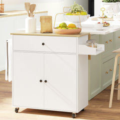 Kozy - Rolling Kitchen Island with Drop Leaf, Kitchen Storage Cart with Drawer, Spice Rack and Towel Rack, White
