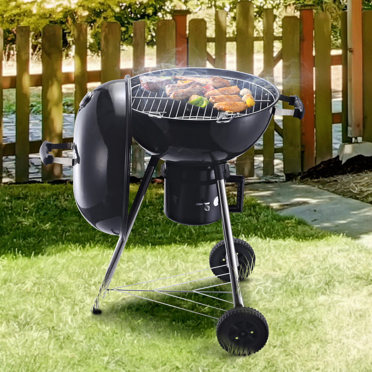 Outsunny Freestanding Charcoal Barbecue Grill Garden Portable BBQ Smoker w/ Wheels, Storage Shelves and On