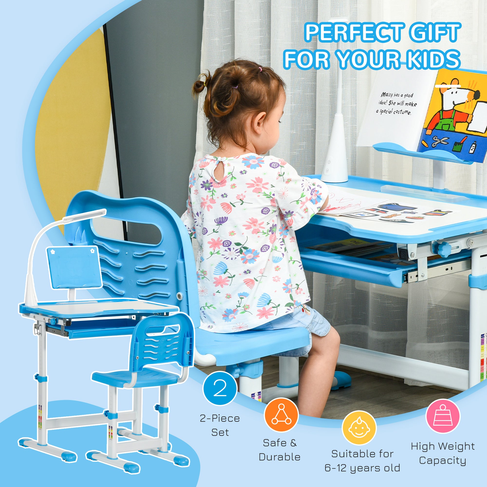 Kozy Kids Study Desk and Chair Set w/ Adjustable Height, Storage, Drawer, Blue