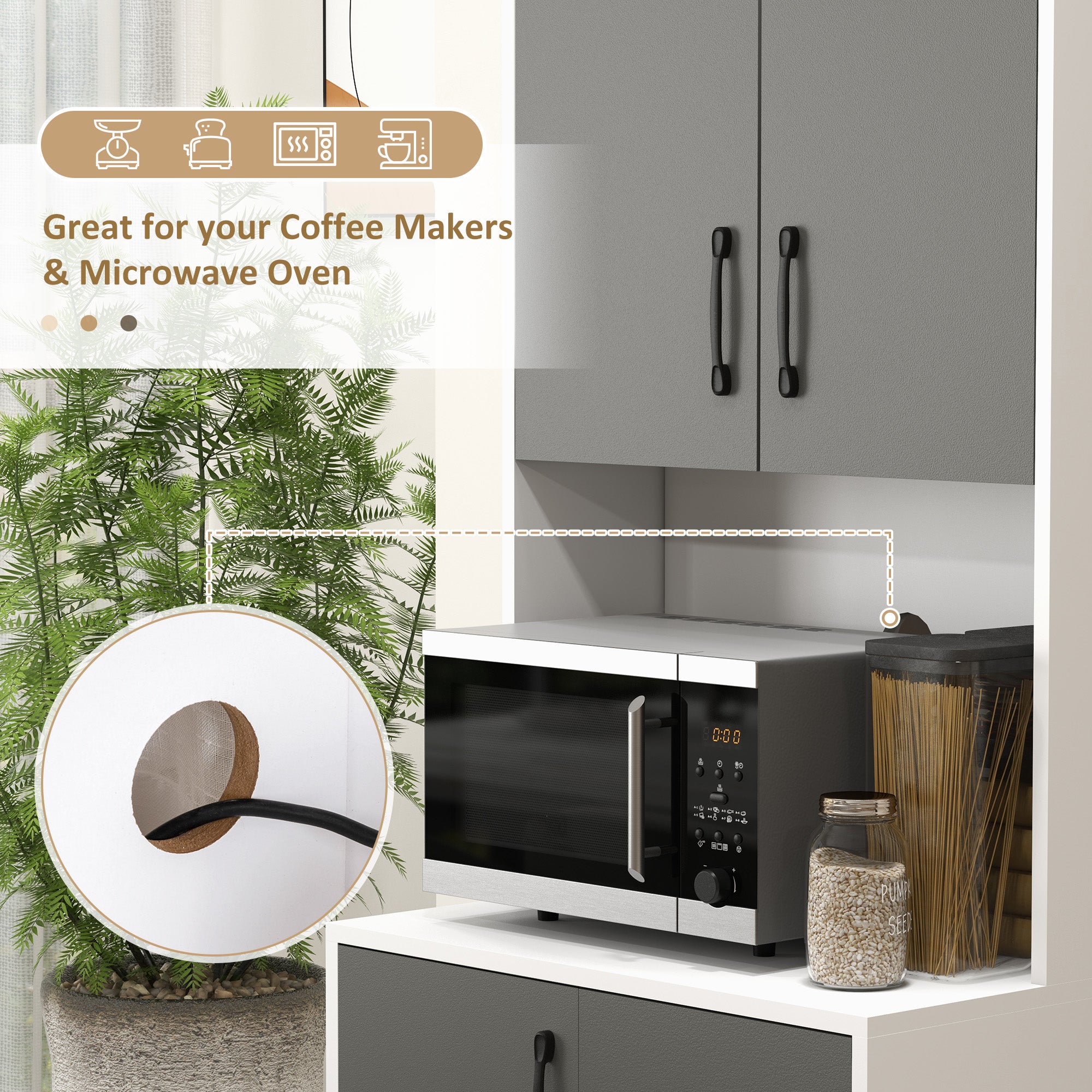 Kozy Modern Kitchen Cupboard with Storage Cabinets, 3 Drawers and Open Countertop for Living Room, Grey