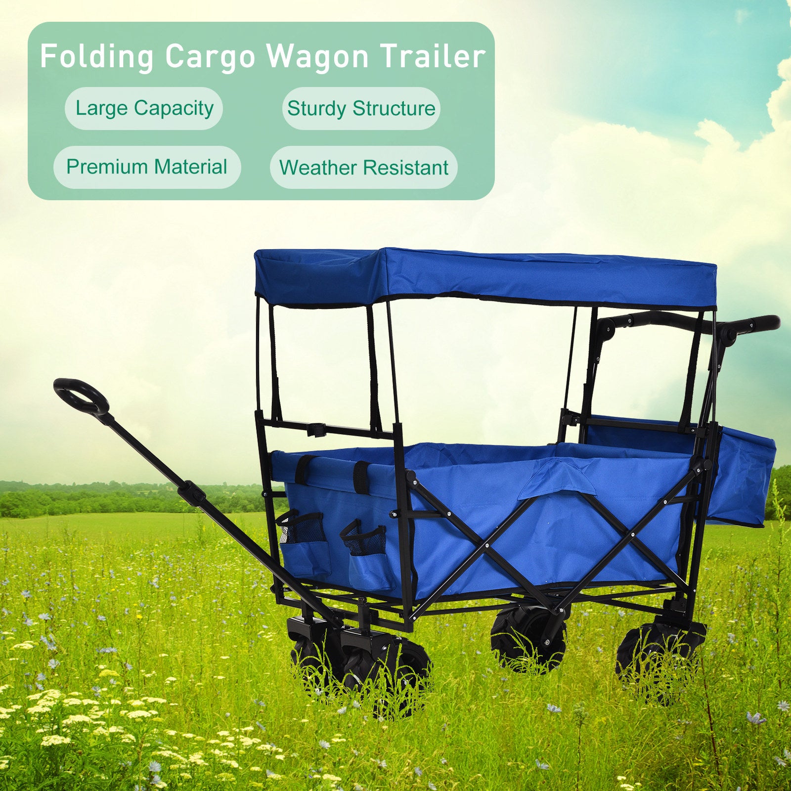 DURHAND Folding Trolley Cart Storage Wagon Beach Trailer 4 Wheels with Handle Overhead Canopy Cart Push Pull For Shopping Camping Garden