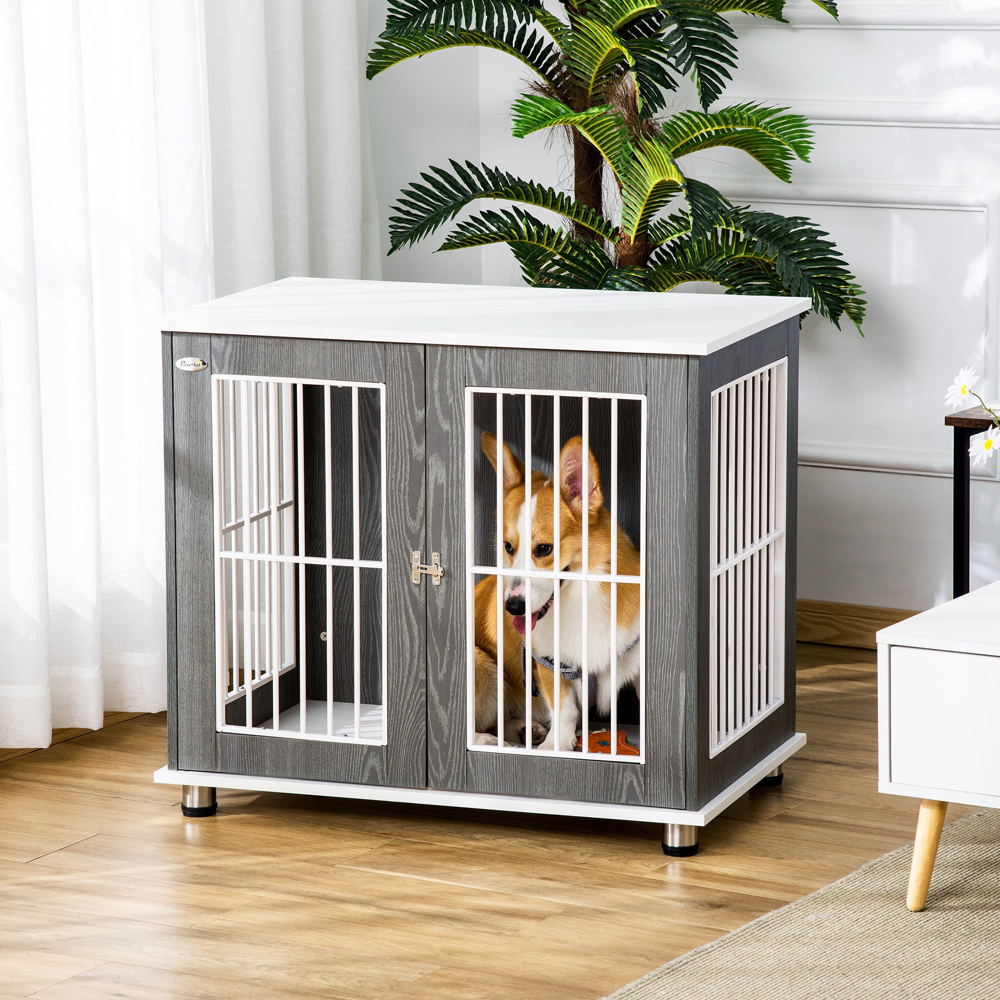 Kozy Dog Crate Wooden Pet Kennel Cage End Table w/ Lockable Door for Small Medium Dog Grey & White 85 x 55 x 75 cm