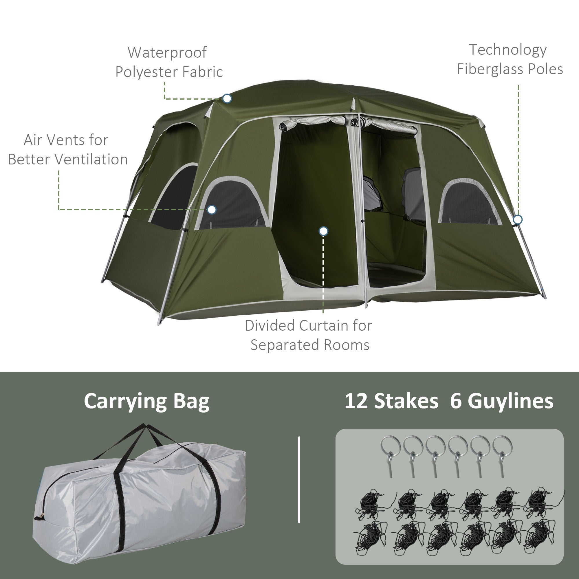Kozy Camping Tent, Family Tent 4-8 Person 2 Room, with Large Mesh Windows, Easy Set Up for Backpacking Hiking Outdoor, Green
