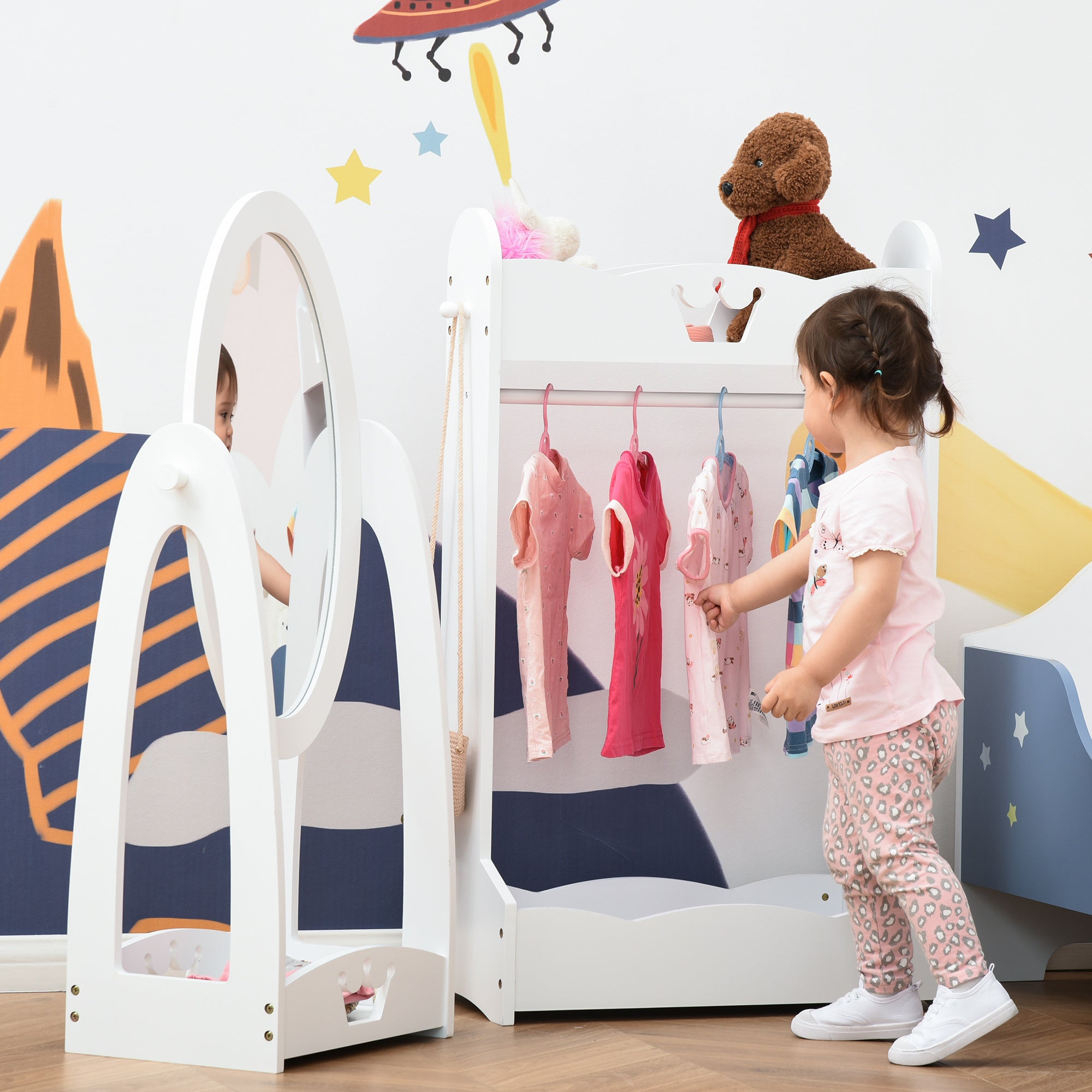 Kozy Kids Clothes Rail and Mirror Set 360° Rotation Free Standing Full Length Mirror and Hanging Rack with Storage Shelves Child's Dressing Mirror Garment Wardrobe White