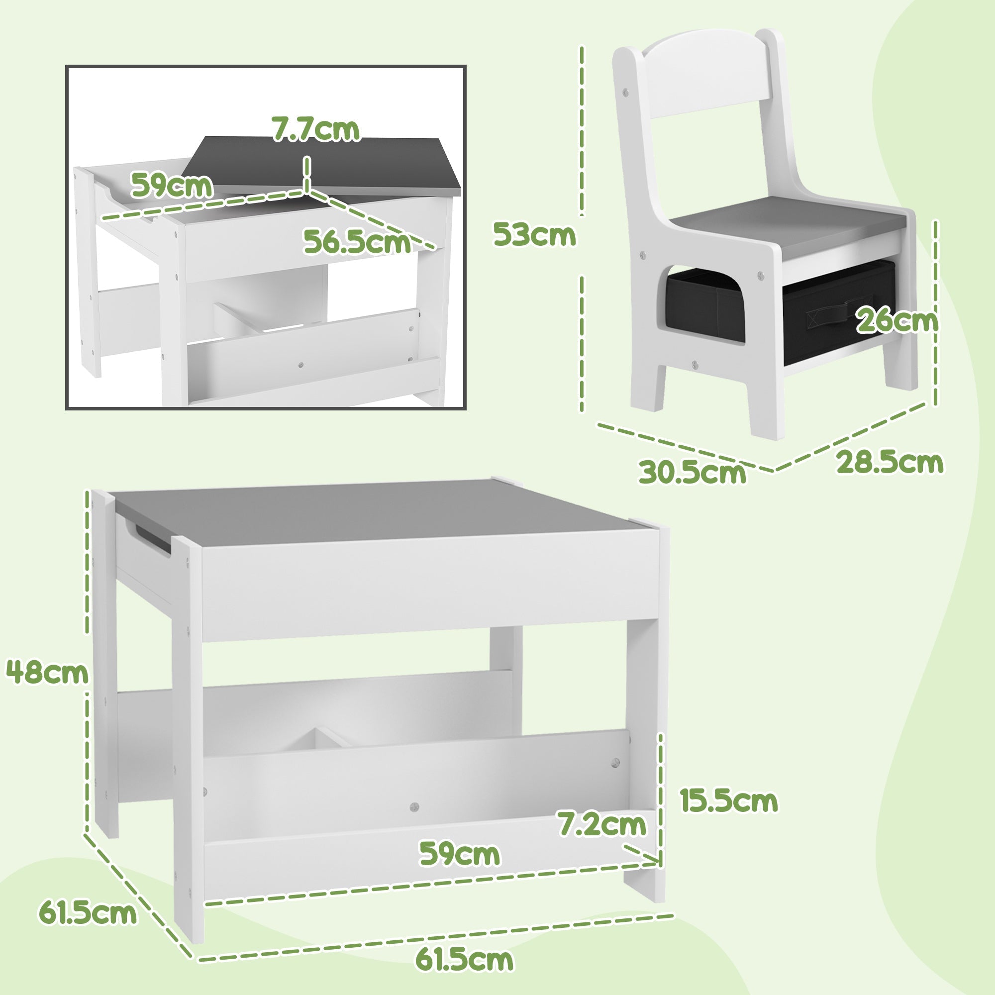 HOMCOM 3PCs Kids Table and Chair Set with Blackboard, Storage, Bookshelves, Grey | Aosom UK