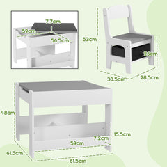 HOMCOM 3PCs Kids Table and Chair Set with Blackboard, Storage, Bookshelves, Grey | Aosom UK