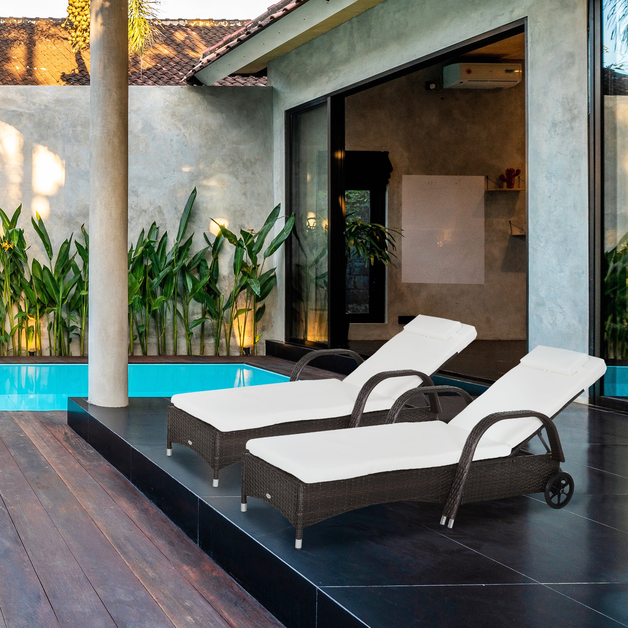 Kozy 2PC Rattan Sun Lounger Recliner Bed Reclining Chair Patio Garden Outdoor Wicker Weave Adjustable Headrest with Fire Retardant Cushion – Brown