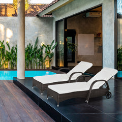 Kozy 2PC Rattan Sun Lounger Recliner Bed Reclining Chair Patio Garden Outdoor Wicker Weave Adjustable Headrest with Fire Retardant Cushion – Brown