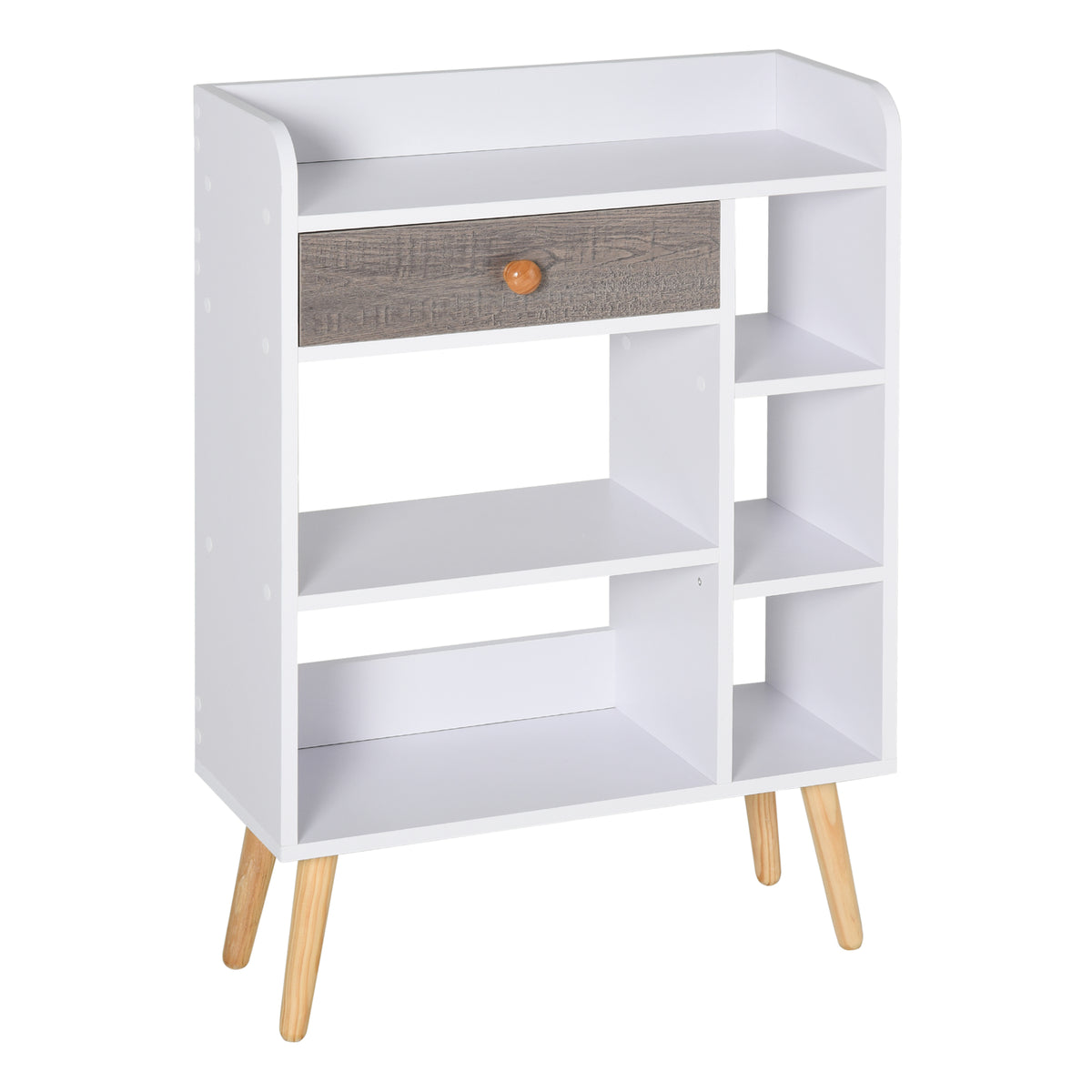Kozy Bookcase, Freestanding Book Shelf with Storage Drawer, 6 Shelves and Wood Legs for Home Office Display, White and Grey, 24D x 60W x 86.8H cm