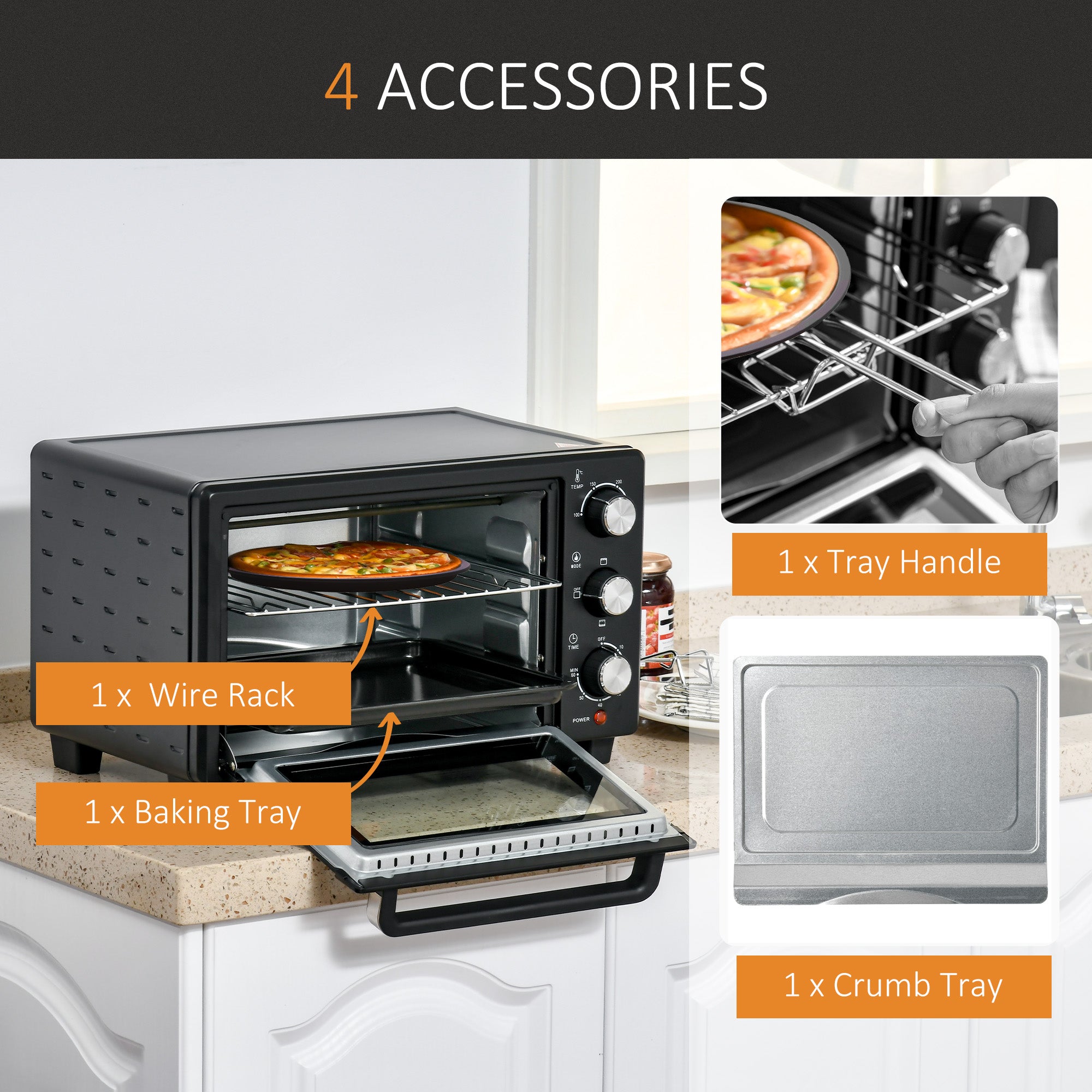 HOMCOM Mini Oven, 21L Countertop Electric Grill, Toaster Oven with Adjustable Temperature, Timer, Baking Tray and Wire Rack, 1400W | Aosom UK