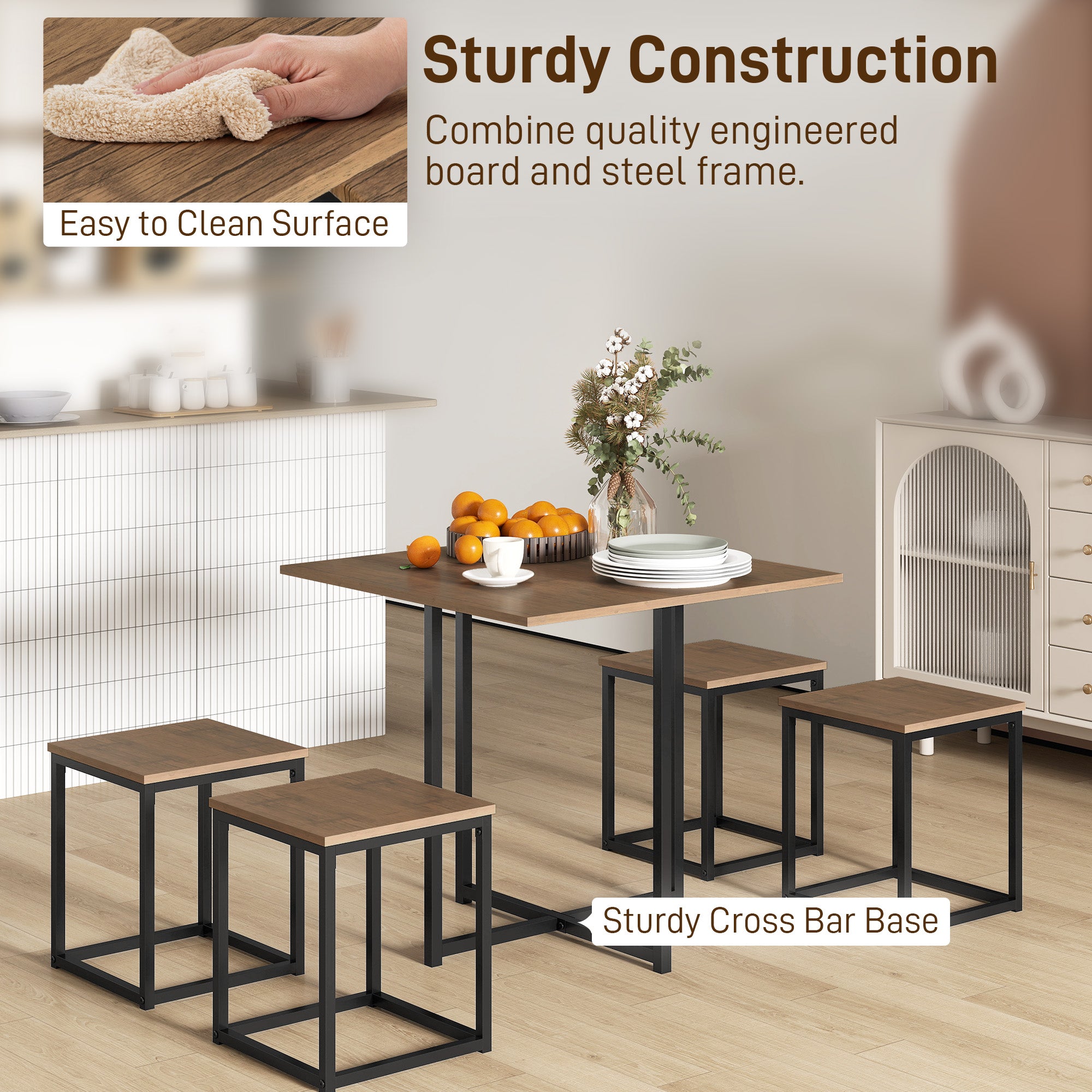 Kozy 5 Piece Dining Table and Chairs Set 4, Industrial Space Saving Table and Chairs with Metal Frame, Square Kitchen Table and Stools for Dining Room, Brown