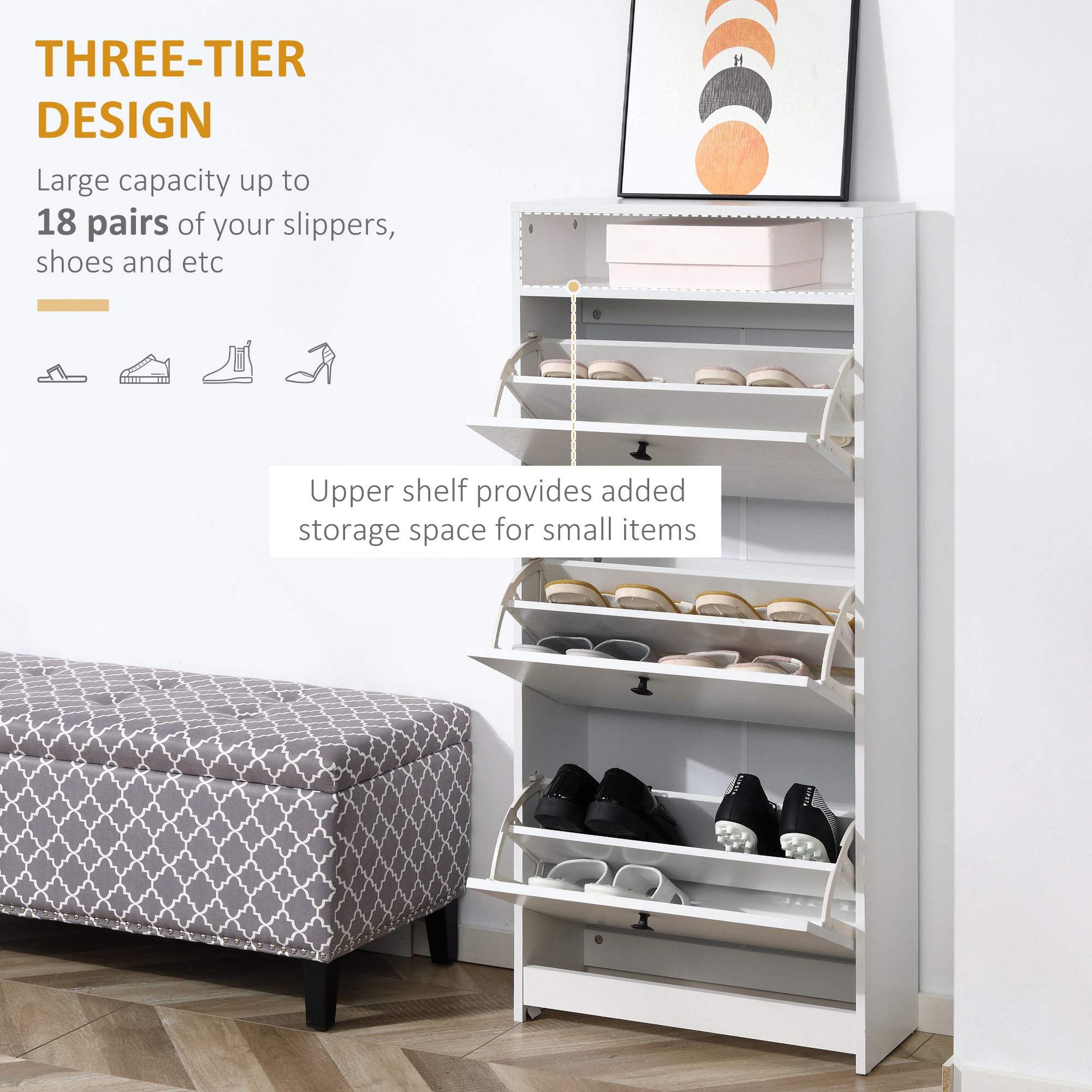 Kozy Narrow Shoe Cabinet with 3 Flip Doors, 14-18 Pairs Shoe Cupboard with Open Shelf for Slim Hallway and Entryway, 24 x 60 x 132 cm, White